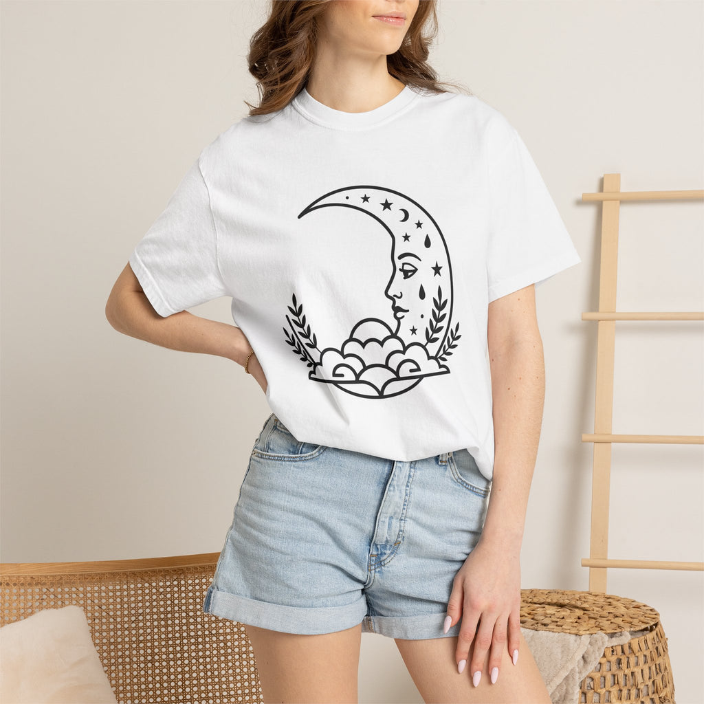 Lunar Face Shirt Boho Chic Space Gift Women Doodle Tee Moon T-Shirt Bohemian Fan Hand Drawn Tshirt Galaxy Graphic Modern Twinkling Stars