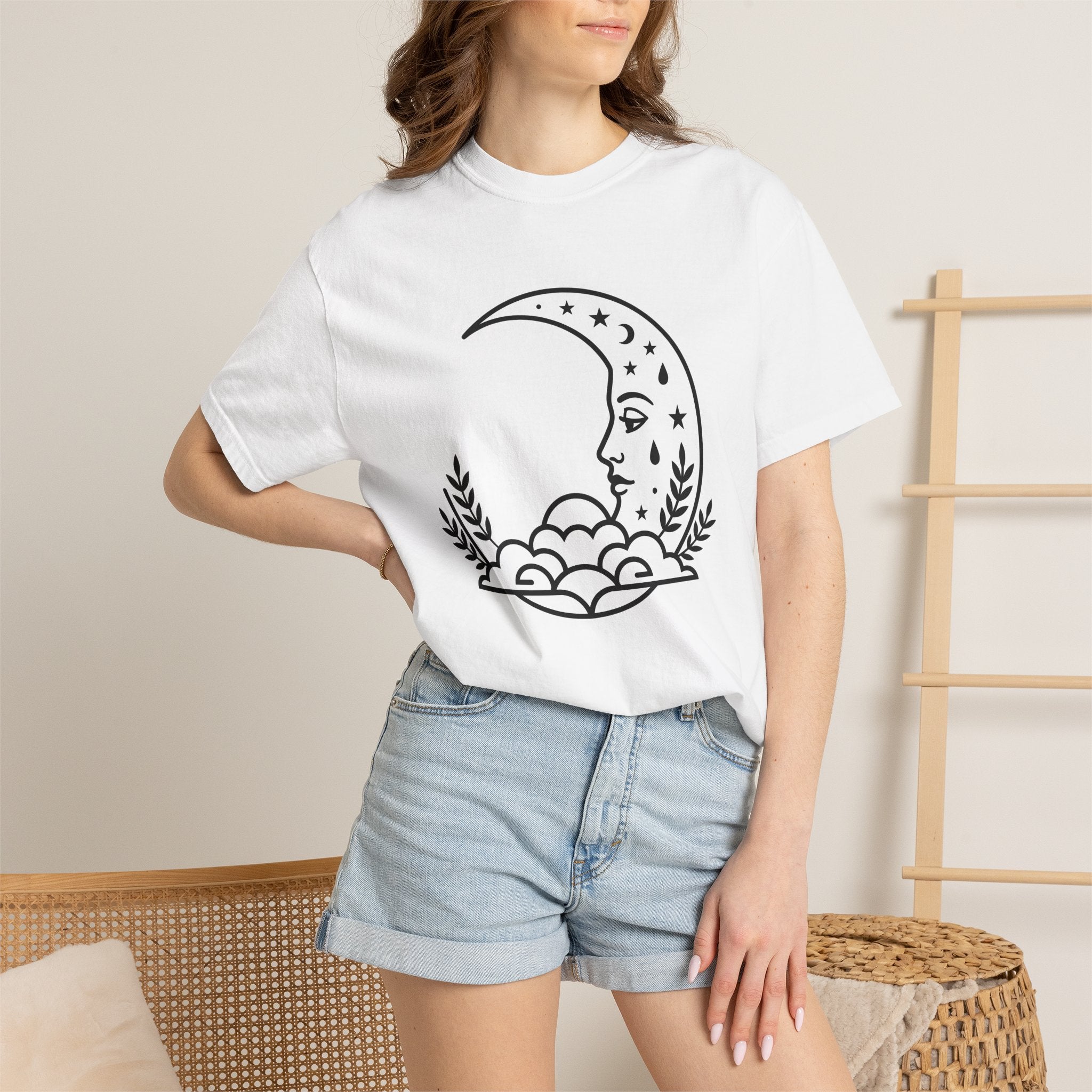 Lunar Face Shirt Boho Chic Space Gift Women Doodle Tee Moon T-Shirt Bohemian Fan Hand Drawn Tshirt Galaxy Graphic Modern Twinkling Stars