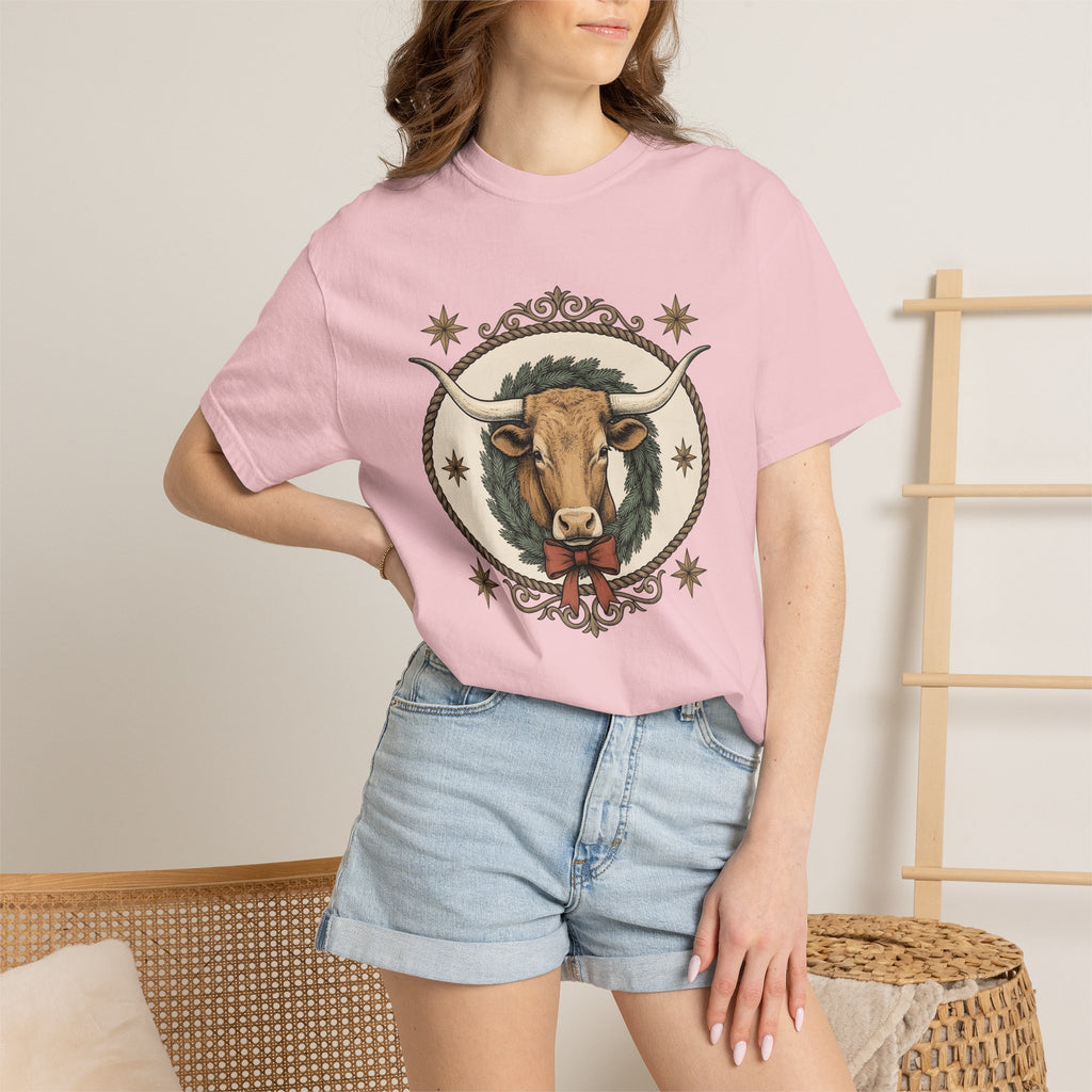 Longhorn Bull Shirt Christmas Rodeo Gift Women Line Art Tee Bull T-Shirt Xmas Fan Rodeo Graphic Tshirt Cartoon Crown Tshirt