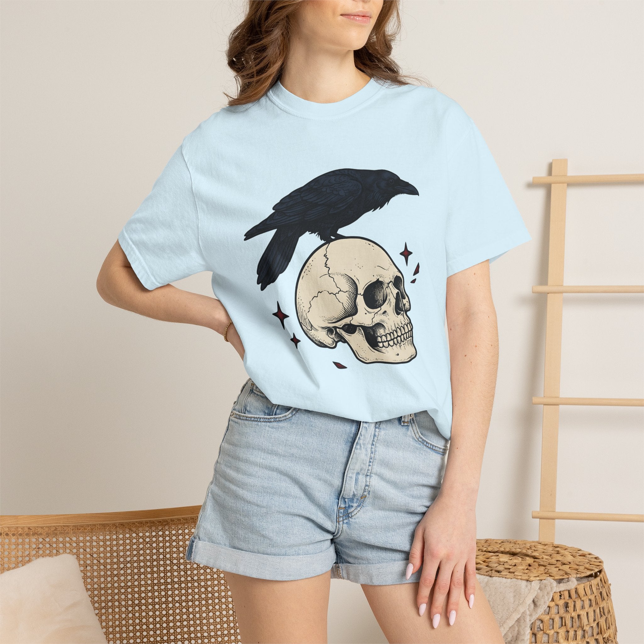 Raven Skull Shirt Halloween Gothic Gift Women Gothic Tee Crow T-Shirt Horror Fan Dark Tshirt Dark Graphic Vintage Stars Tshirt