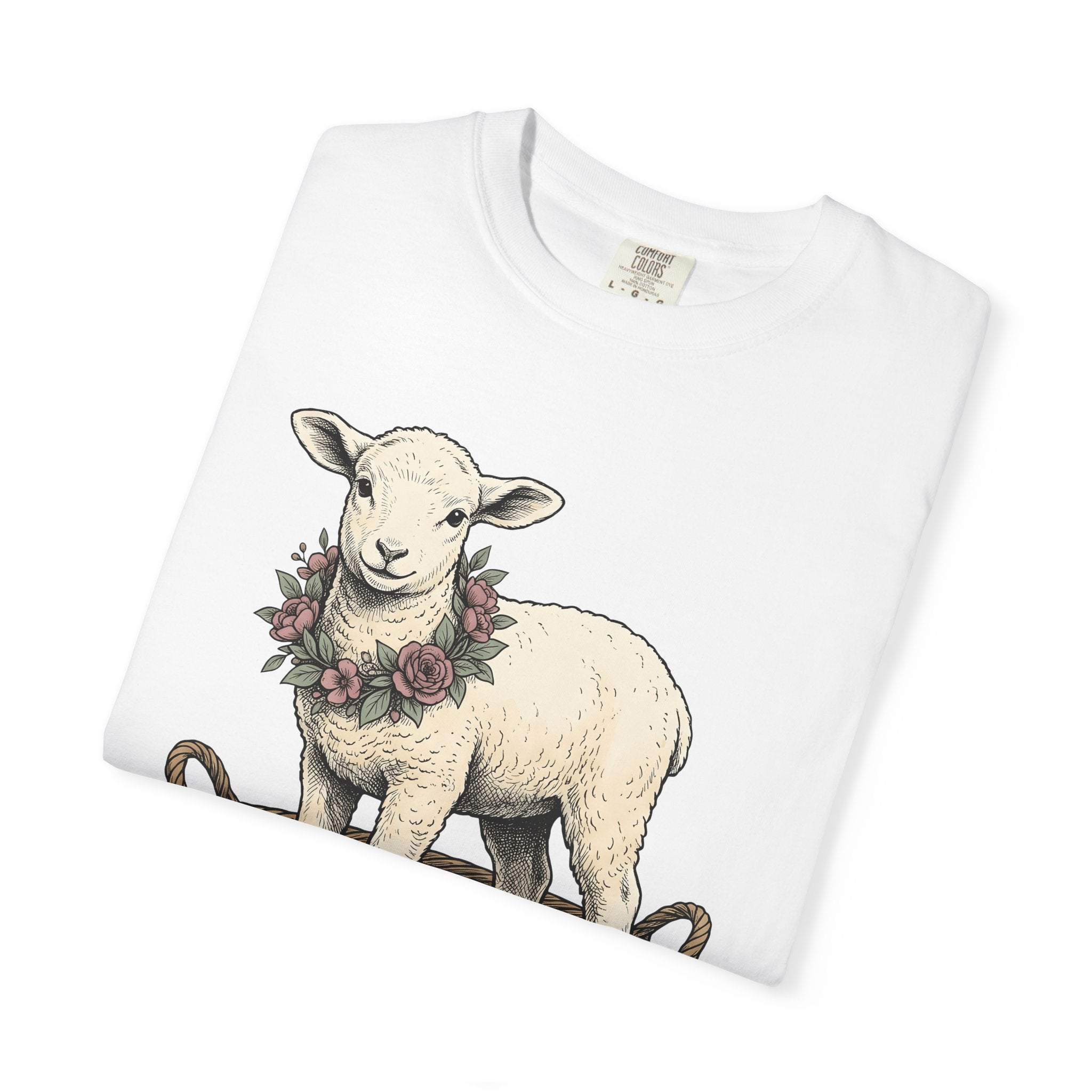 Lamb In Basket Shirt Easter Critter Gift Women Cartoon Tee Baby Lamb T-Shirt Easter Fan Cartoonish Tshirt Creature Graphic Rustic Flower