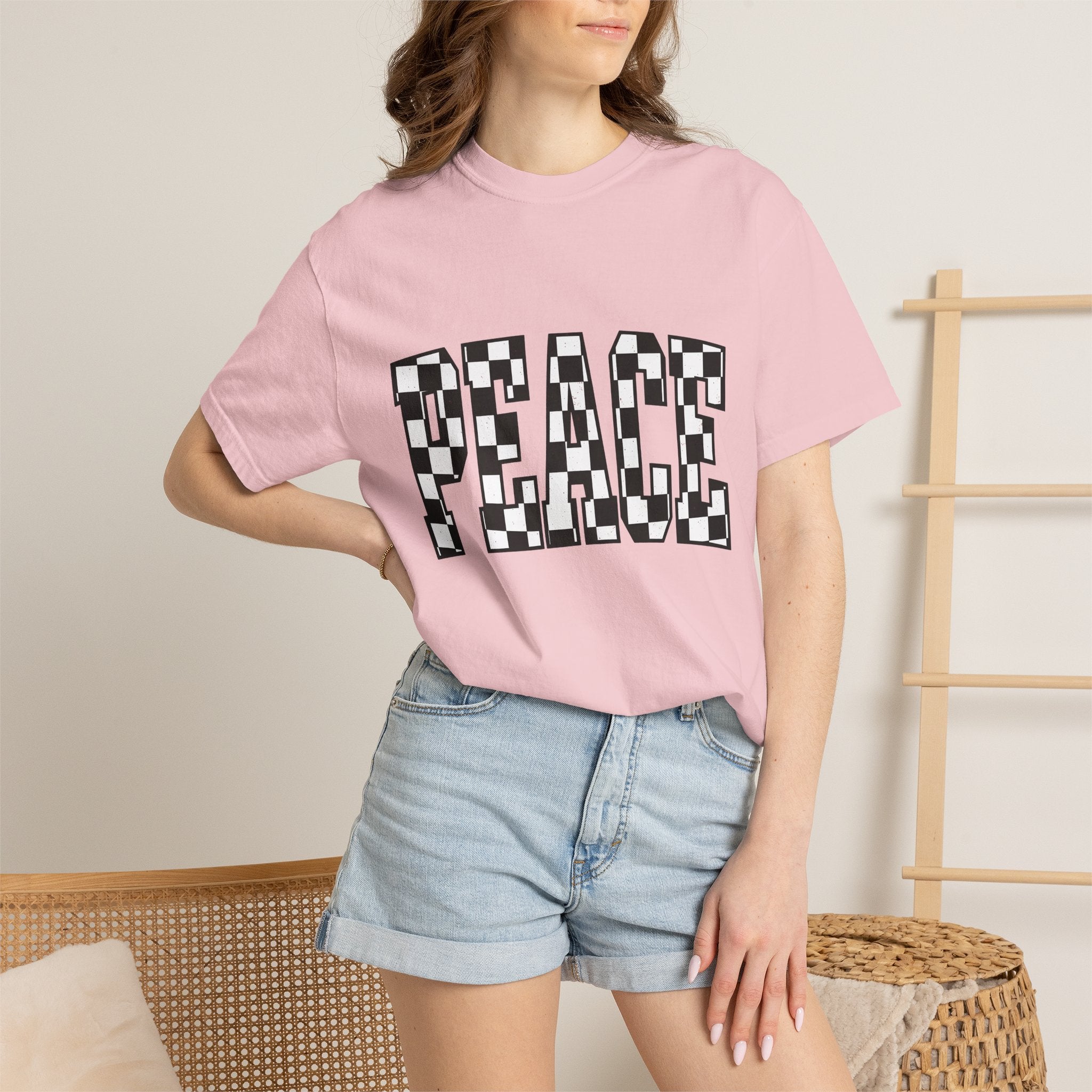 Checkered Text Shirt Peace Inspirational Gift Women Bold Tee Plaid T-Shirt Harmony Fan Graphic Design Minimalist Retro Pattern Tshirt