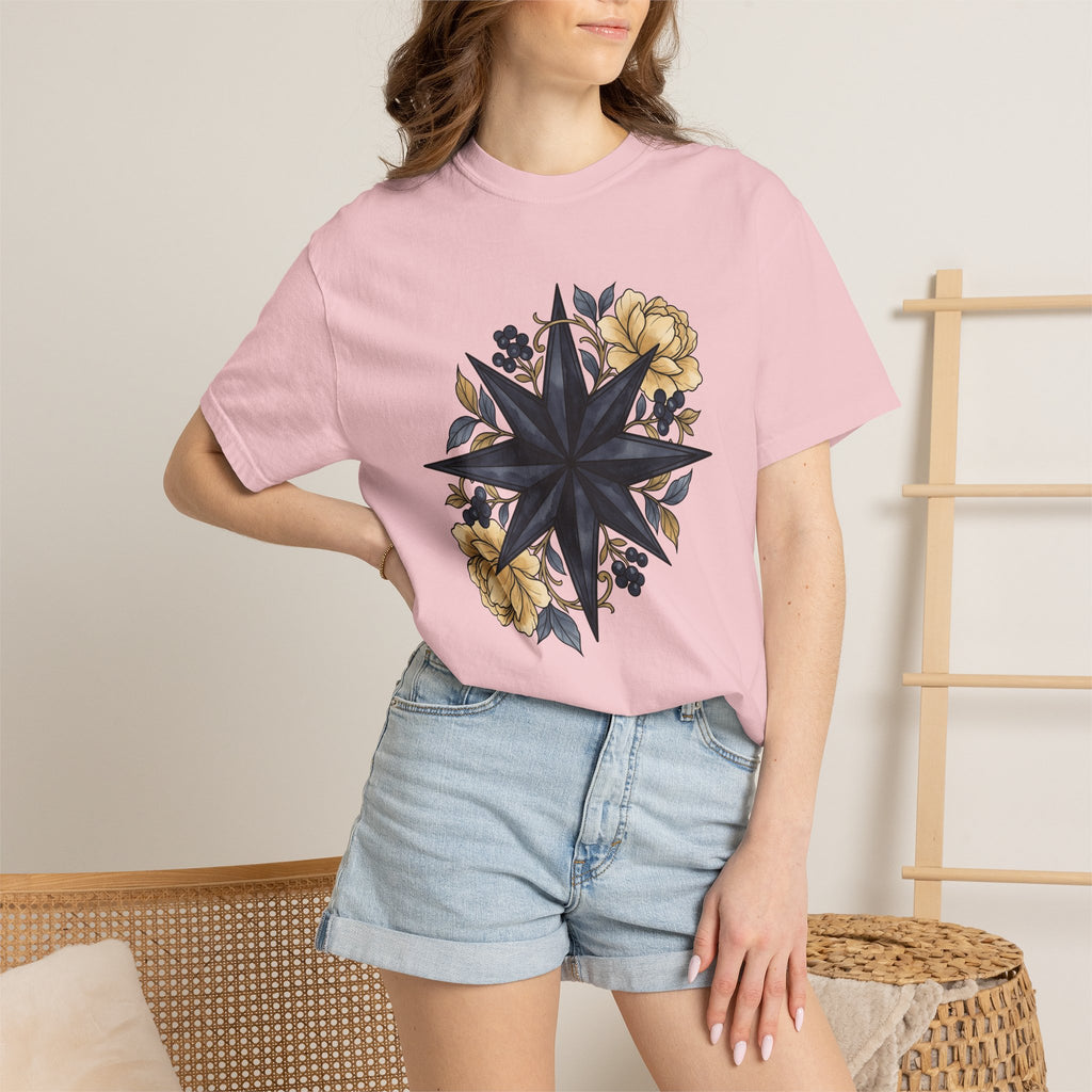 Compass Rose Shirt Boho Chic Plants Gift Women Floral Tee Wind Rose T-Shirt Bohemian Fan Floral Art Tshirt Botanical Graphic Watercolor