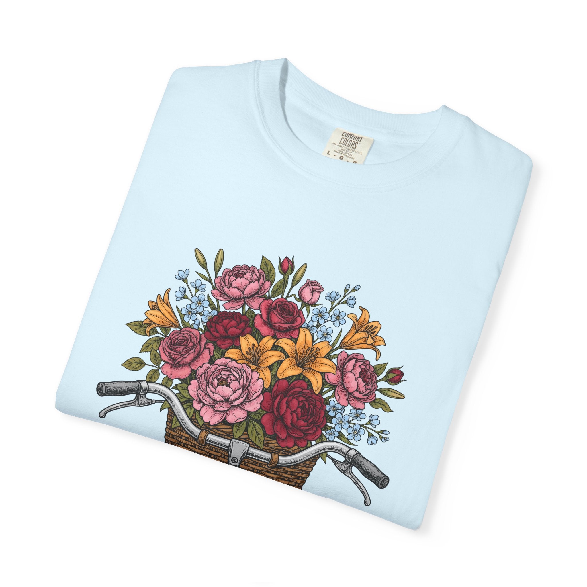 Cycle Basket Flowers Shirt Easter Petals Gift Women Floral Drawing Tee Bicycle Basket T-Shirt Spring Fan Floral Art Tshirt Floral Design