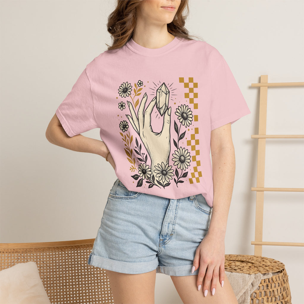 Gemstone Hand Shirt Boho Chic Mindfulness Gift Women Body Art Tee Crystal Hand T-Shirt Bohemian Fan Tattoo Art Tshirt Meditation Graphic