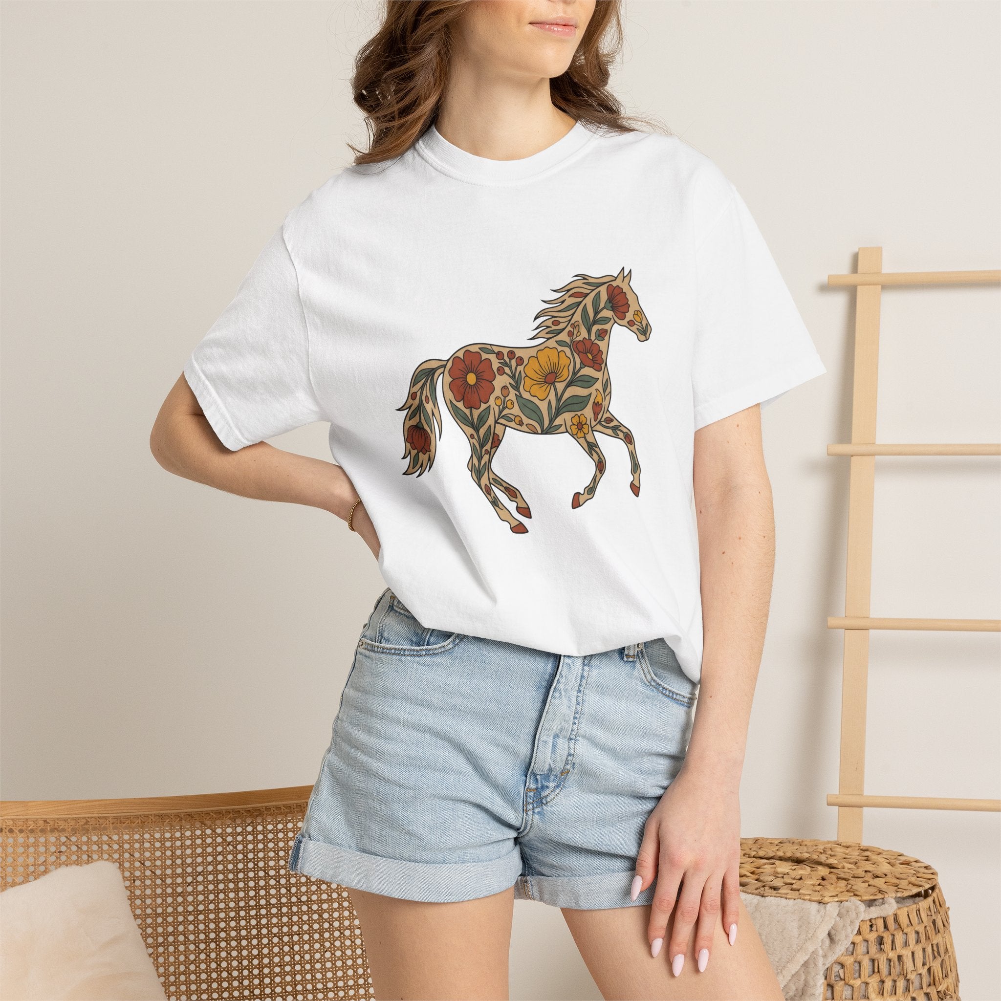 Blossom Horse Shirt Boho Chic Fauna Gift Women Folk Tee Mare T-Shirt Hippie Fan Tribal Tshirt Wildlife Graphic Hand Drawn Field Flower