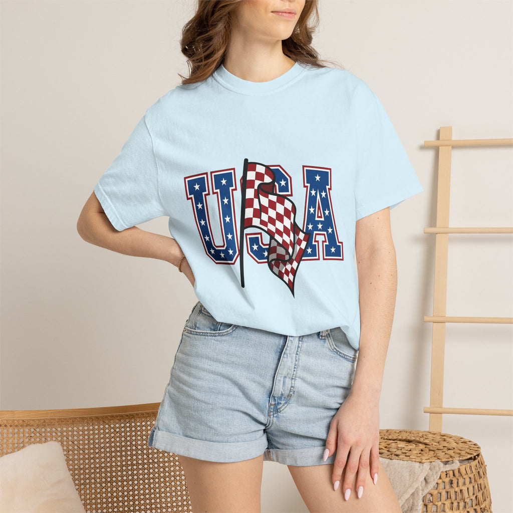 Checkered Banner Shirt America Cars Gift Women Classic Americana Tee Bunting T-Shirt American Enthusiast Vintage Tshirt Automotive Graphic