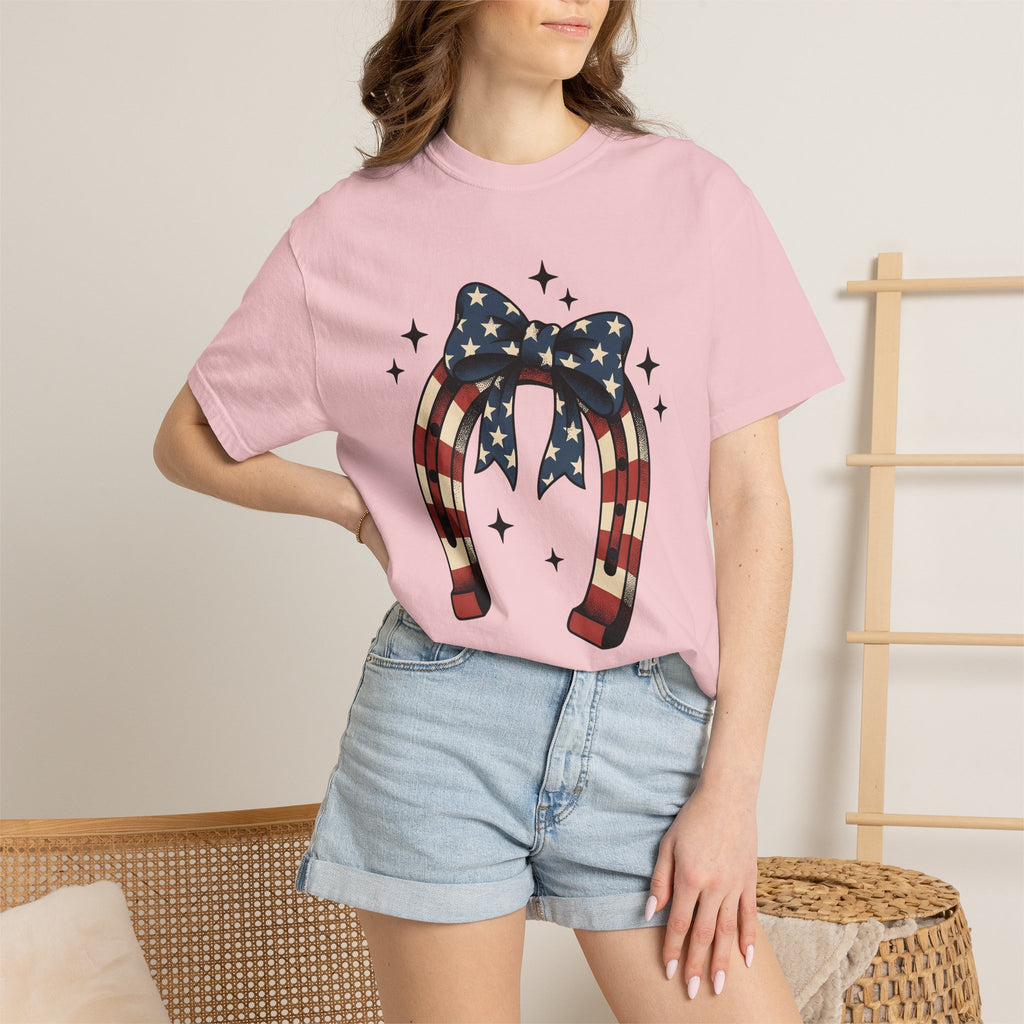 Patriotic Horseshoe Shirt 4th Of July Western Gift Women Vintage Tee Horseshoe T-Shirt Independence Day Fan Distressed Tshirt Cowboy Graphic