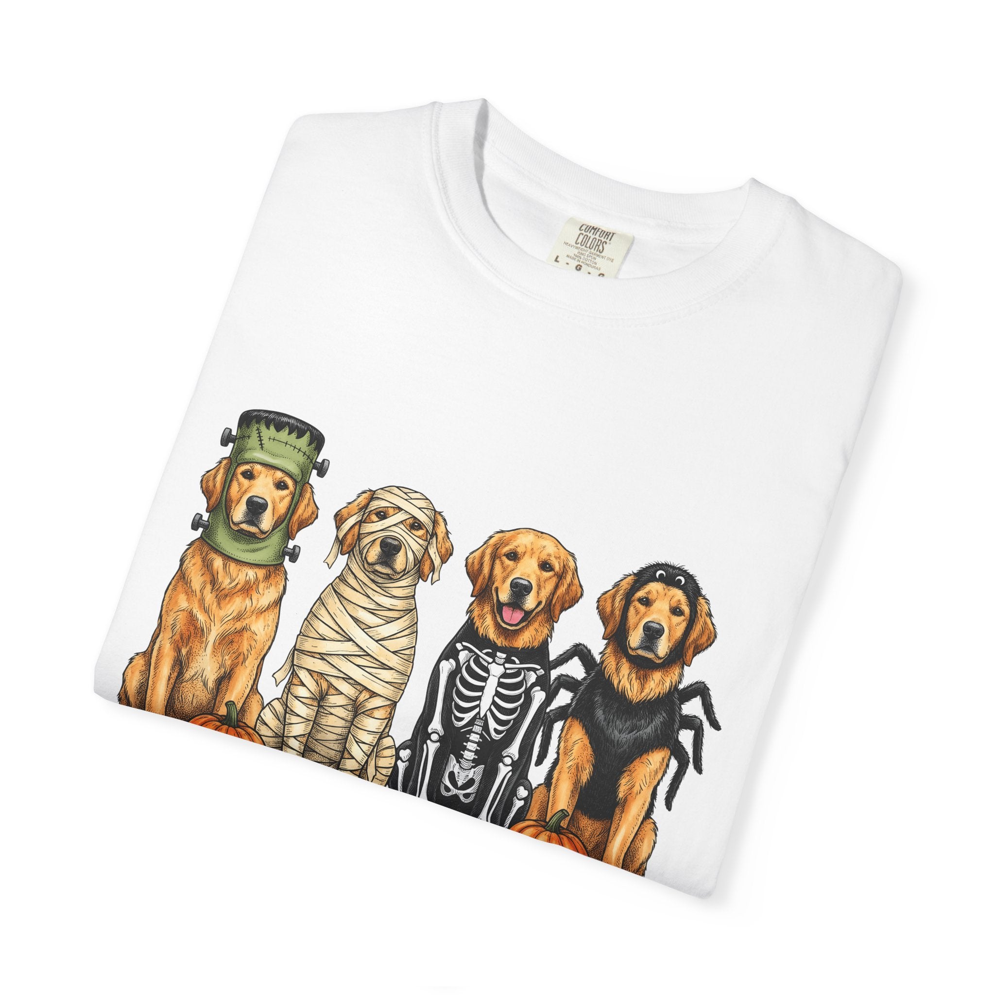 Golden Retriever Puppies Shirt Dog Spooky Gift Women Sketch Tee Puppy T-Shirt Dog Fan Pup Drawing Horror Graphic Retro Jack O Lantern Tshirt