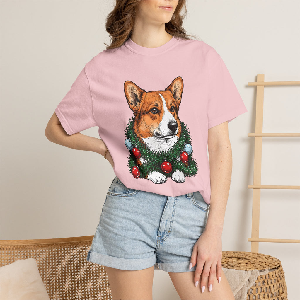 Corgi Pet Shirt Dog Yuletide Gift Women Line Art Tee Puppy T-Shirt Dog Fan Minimalist Tshirt Christmas Graphic Cartoon Festive Wreath Tshirt