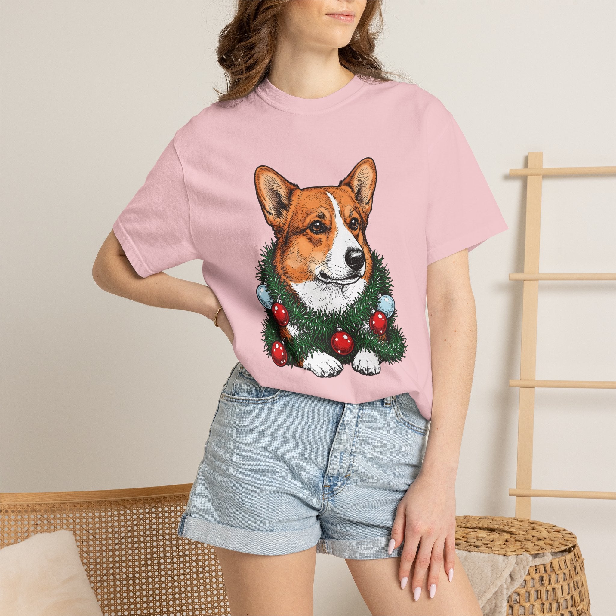 Corgi Pet Shirt Dog Yuletide Gift Women Line Art Tee Puppy T-Shirt Dog Fan Minimalist Tshirt Christmas Graphic Cartoon Festive Wreath Tshirt