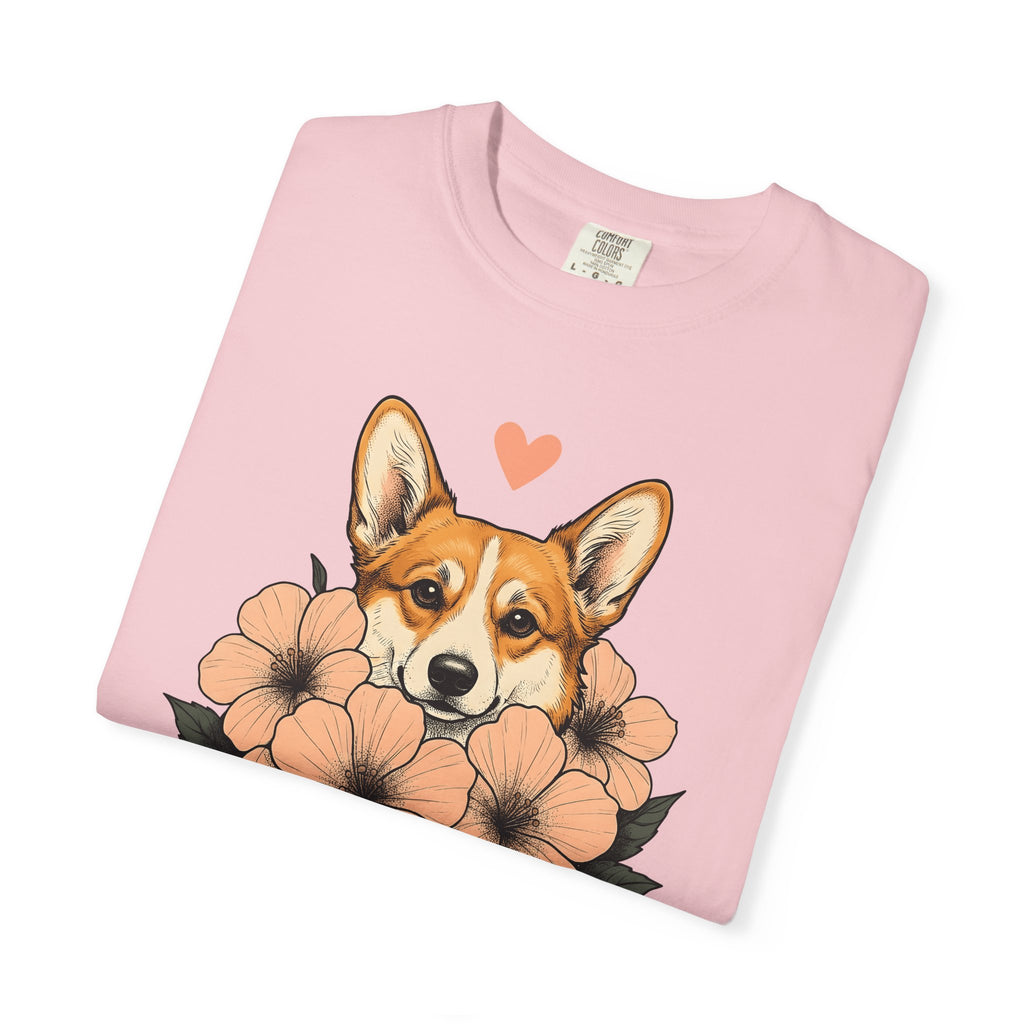 Corgi Pet Shirt Dog Plants Gift Women Line Art Tee Puppy T-Shirt Dog Fan Minimalist Tshirt Botanical Graphic Rustic Garden Flowers Tshirt