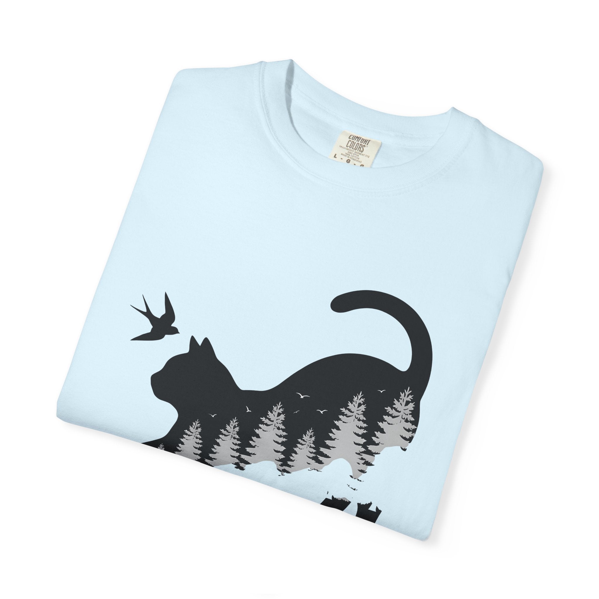 Feline Shape Shirt Cat Pets Gift Women Modern Tee Cat T-Shirt Cat Fan Contemporary Tshirt Animal Graphic Landscape Evergreen Trees Tshirt