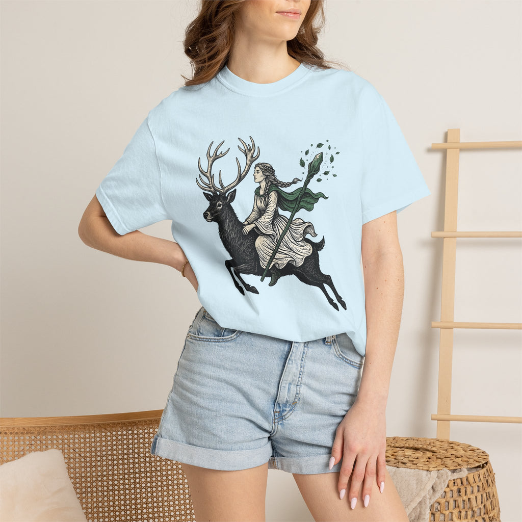 Woman Riding Stag Shirt Boho Chic Woodland Gift Women Fantasy Tee Rider T-Shirt Bohemian Fan Mythical Tshirt Forest Graphic Vintage Crystal