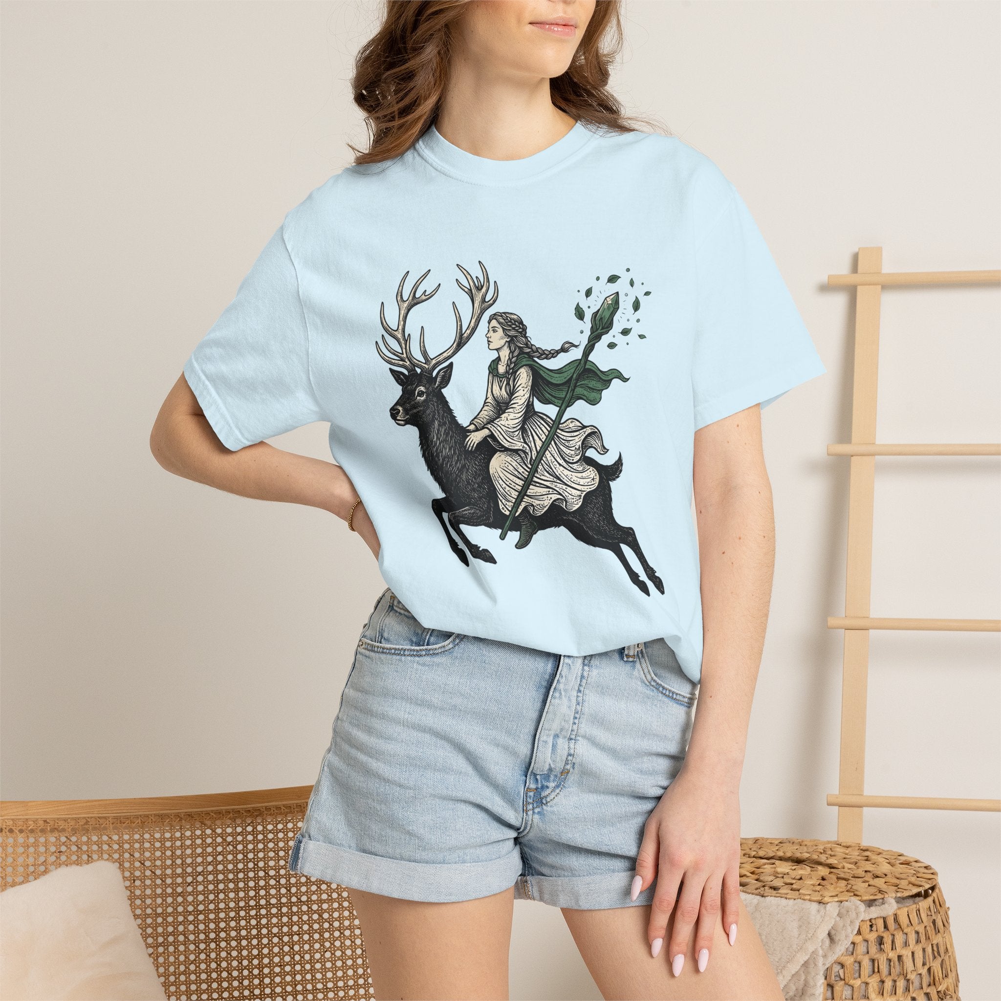 Woman Riding Stag Shirt Boho Chic Woodland Gift Women Fantasy Tee Rider T-Shirt Bohemian Fan Mythical Tshirt Forest Graphic Vintage Crystal