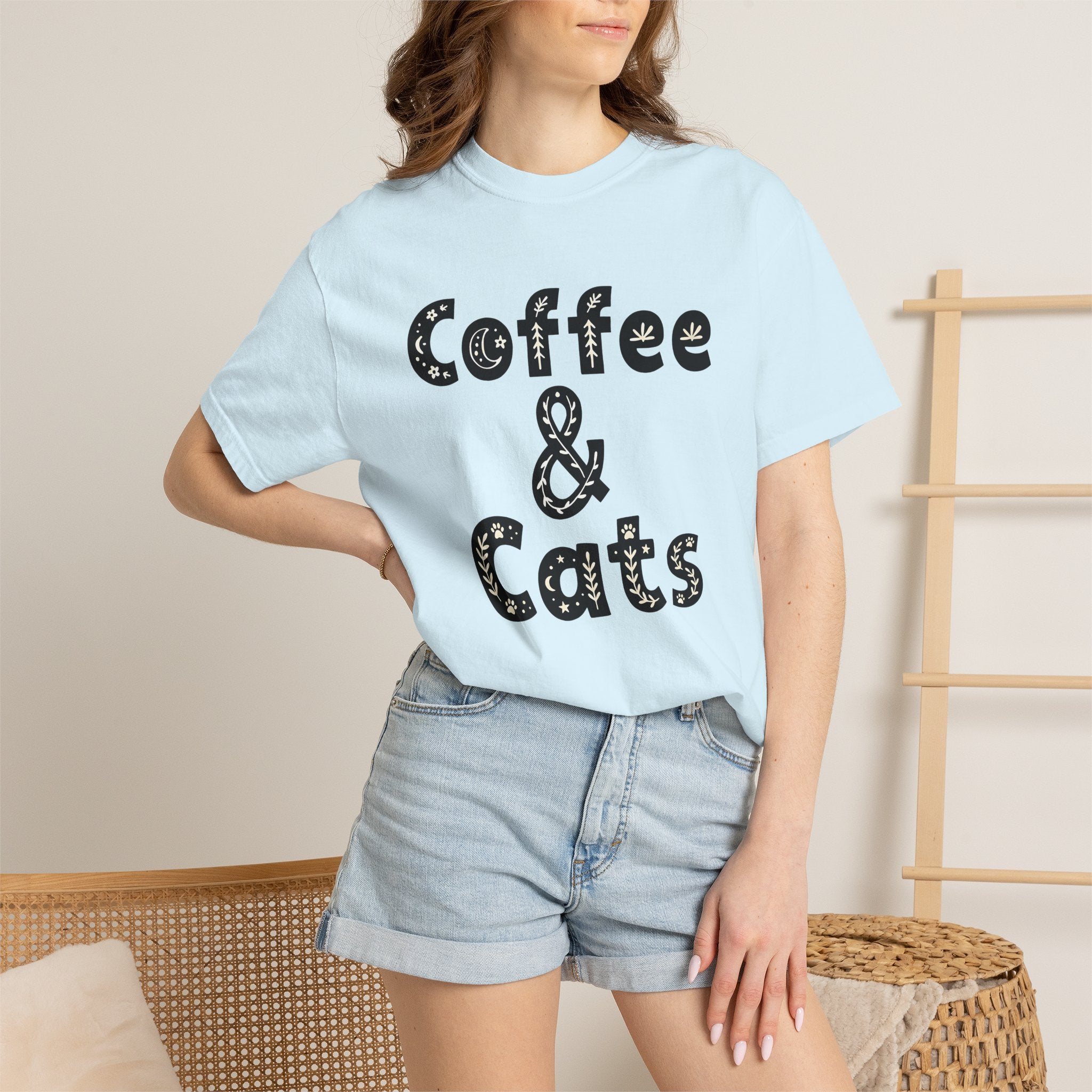 Coffee Cat Shirt Coffee Pet Gift Women Boho Tee Kitty Cat T-Shirt Coffee Fan Feline Graphic Tshirt Whimsical Paw Print Tshirt