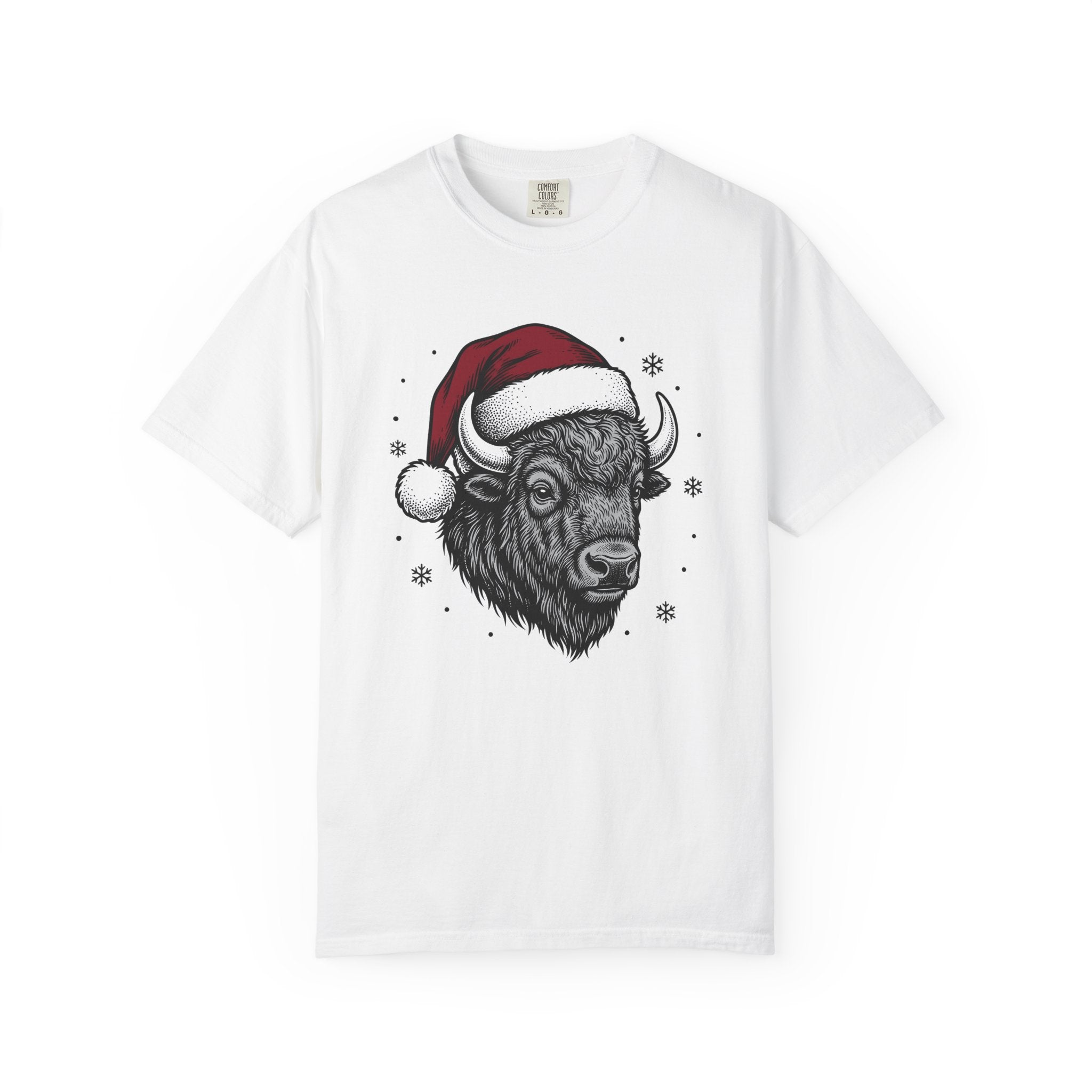 Bison Santa Hat Shirt Christmas Animal Gift Women Hand Drawn Tee Buffalo T-Shirt Xmas Fan Bison Graphic Vintage Snowflakes Tshirt