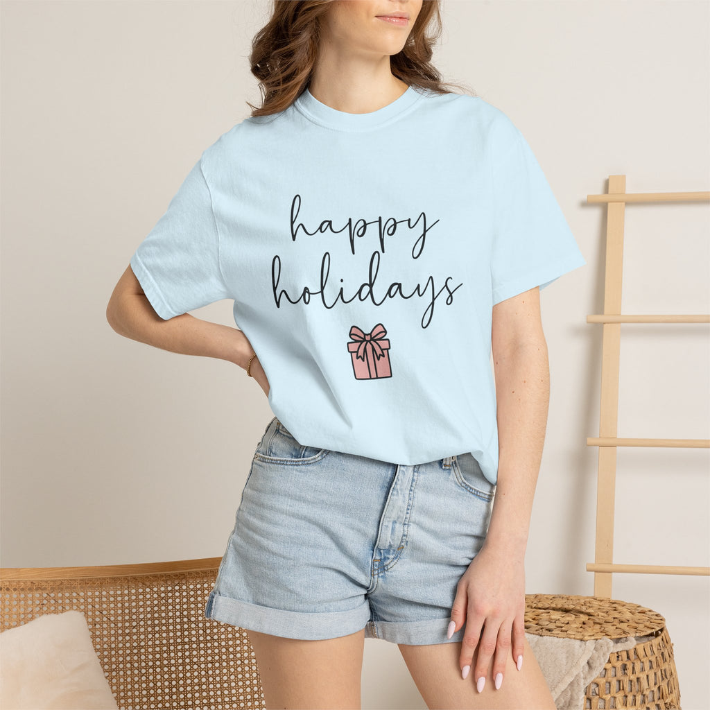 Wrapped Box Shirt Holiday Festive Gift Women Modern Tee Gift Box T-Shirt Christmas Fan Holiday Tshirt Celebration Graphic Doodle Knot Tshirt