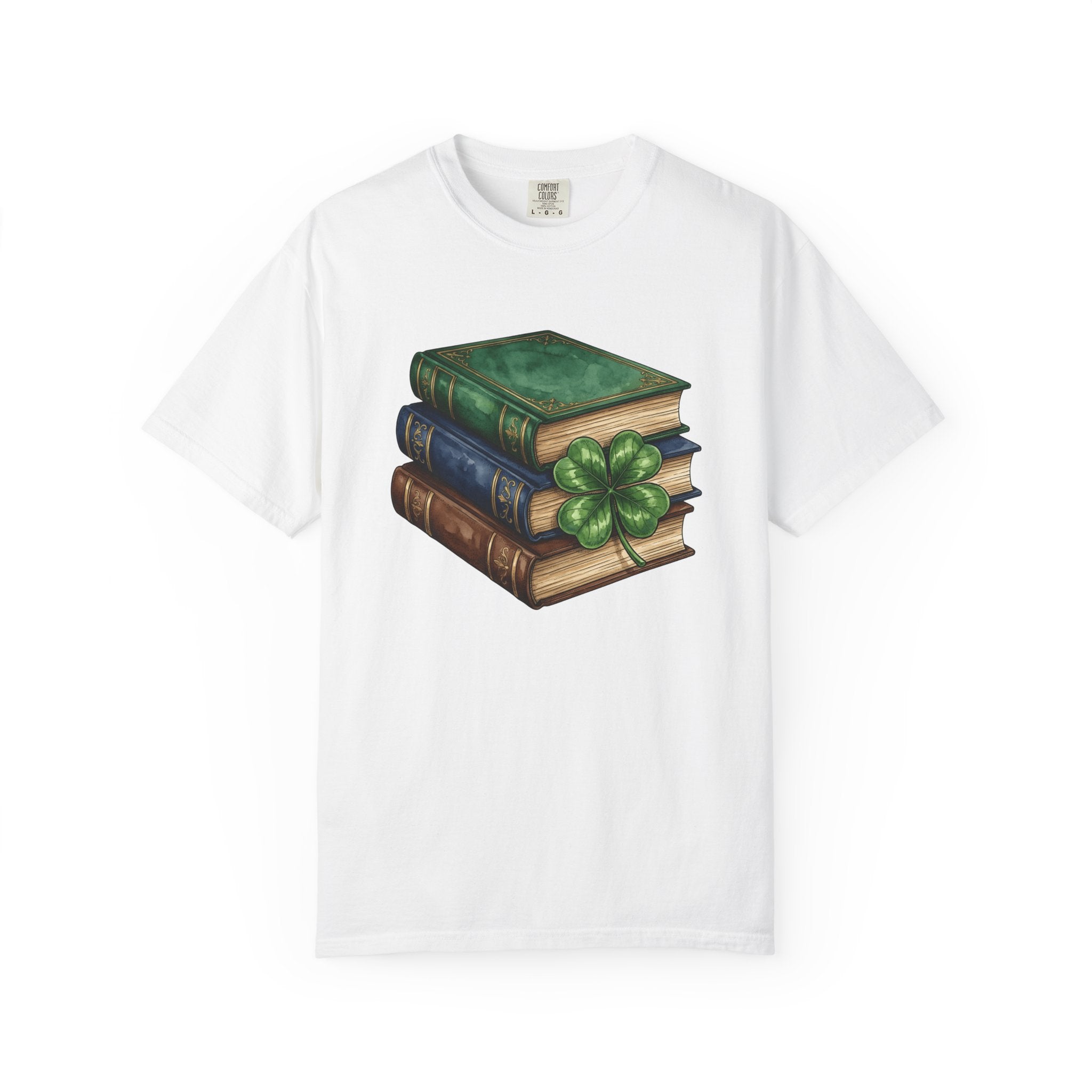 Book Stack Shirt St Patrick's Day Library Gift Women Illustration Tee Bookpile T-Shirt St Patricks Fan Book Art Tshirt Librarian Graphic