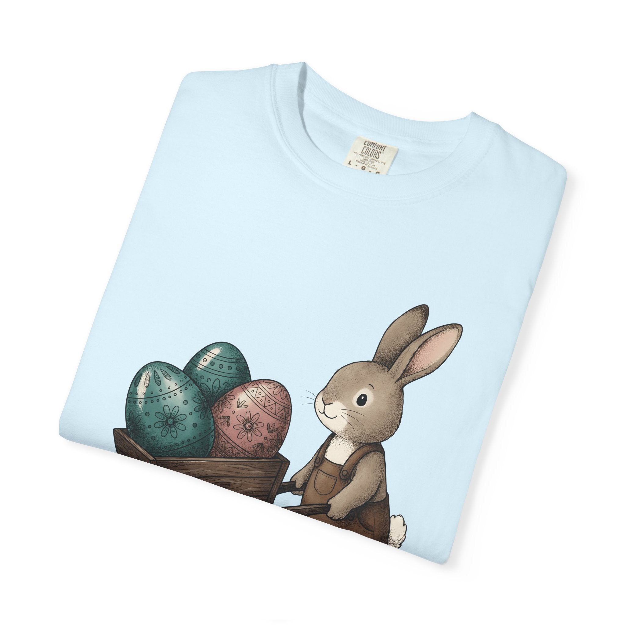 Bunny Cart Shirt Easter Wildlife Gift Women Sweet Tee Rabbit T-Shirt Easter Fan Bunny Tshirt Wildlife Graphic Doodle Colorful Eggs Tshirt