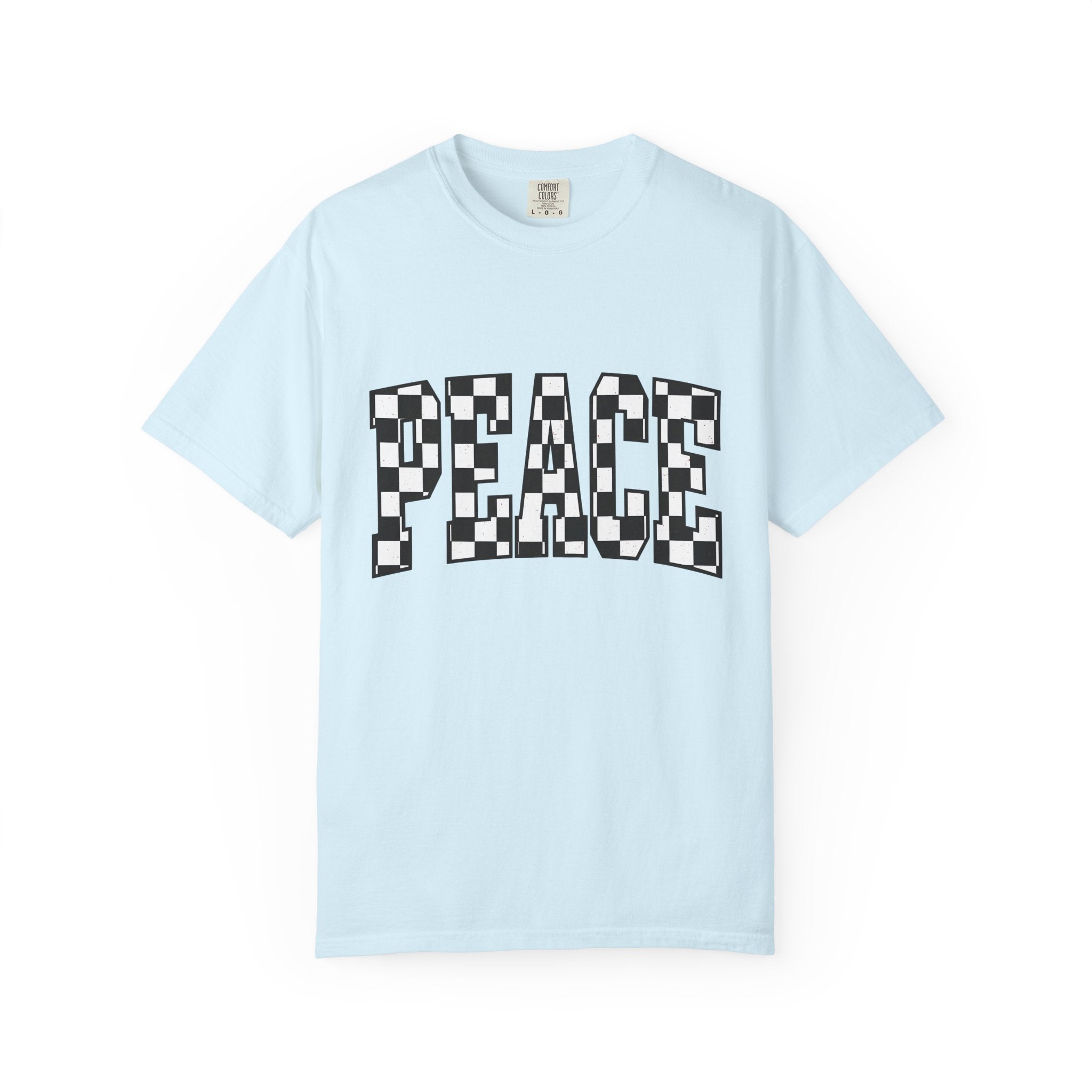 Checkered Text Shirt Peace Inspirational Gift Women Bold Tee Plaid T-Shirt Harmony Fan Graphic Design Minimalist Retro Pattern Tshirt