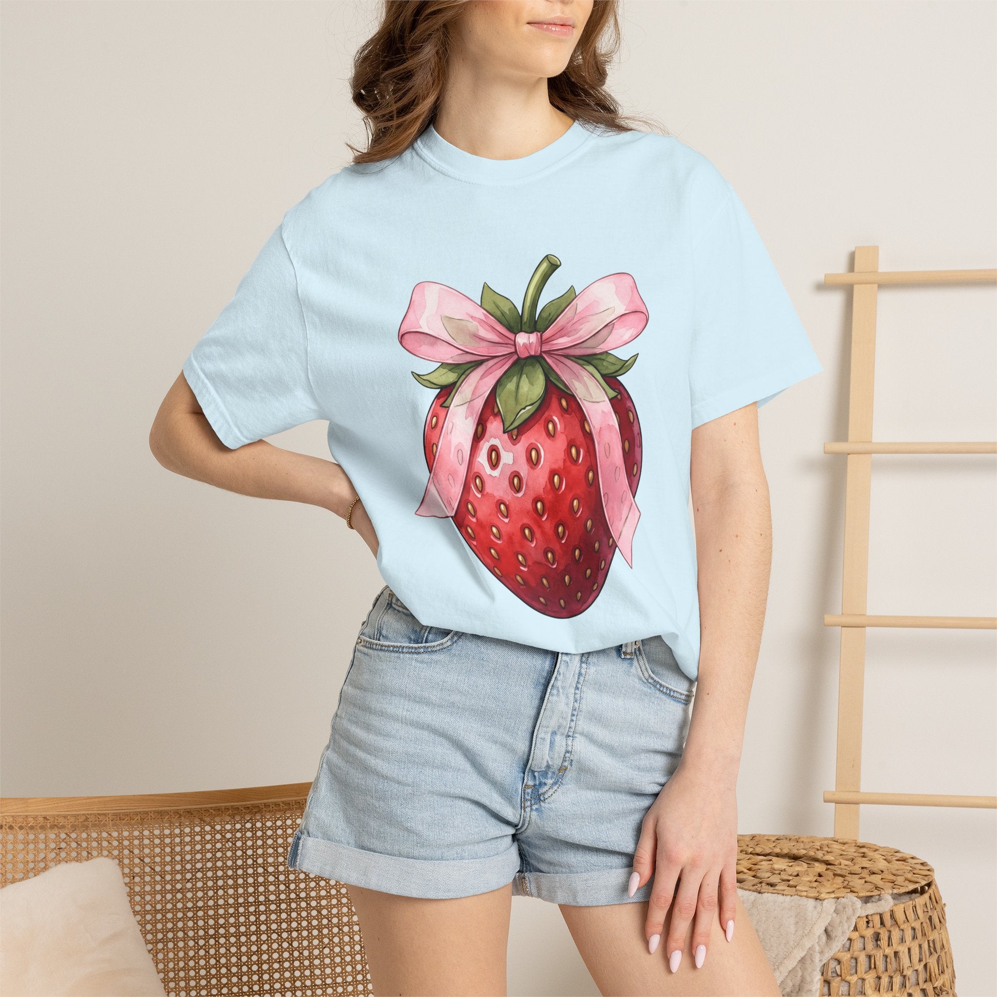 Strawberry Bow Shirt St. Valentine's Day Produce Gift Women Hand Painted Tee Bow T-Shirt Valentine's Day Fan Painted Tshirt Fruit Graphic
