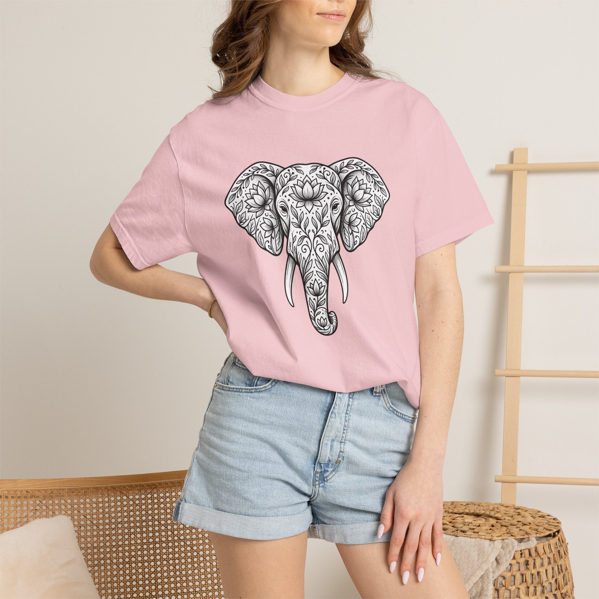 Elephant Blossom Shirt Boho Fauna Gift Women Tribal Tee Pachyderm T-Shirt Bohemian Fan Ethnic Tshirt Wildlife Graphic Henna Sacred Flower