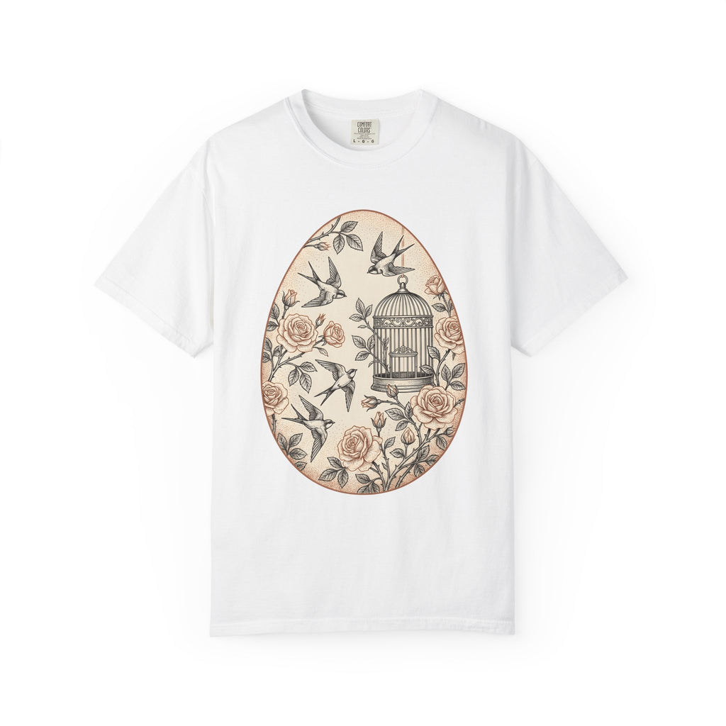Flower Egg Birds Shirt Easter Wildlife Gift Women Retro Tee Floral T-Shirt Easter Fan Vintage Tshirt Wildlife Graphic Sketch Cage Tshirt