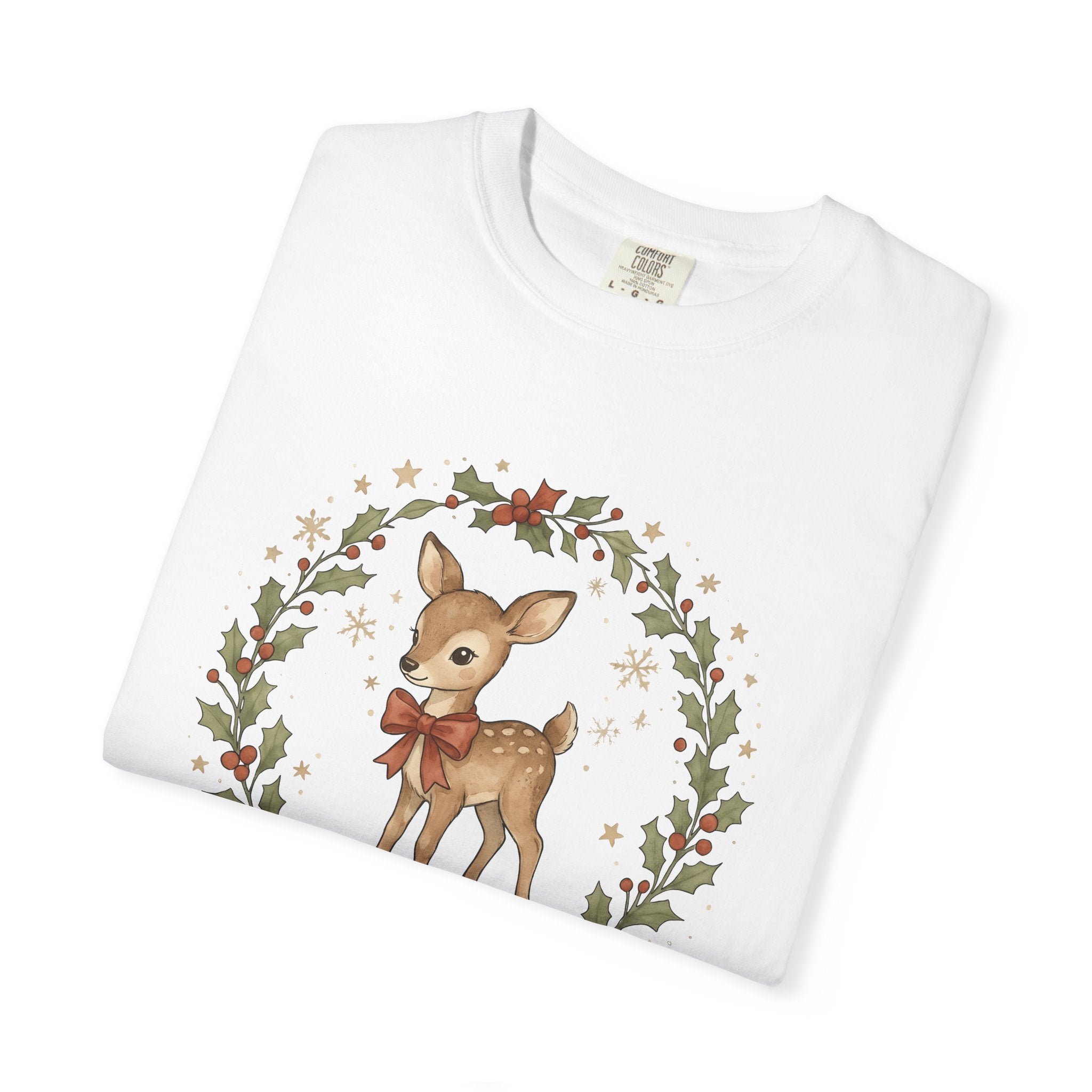 Young Deer Shirt Christmas Timberland Gift Women Gouache Tee Fawn T-Shirt Christmas Fan Watercolor Tshirt Woods Graphic Ink Pine Wreath