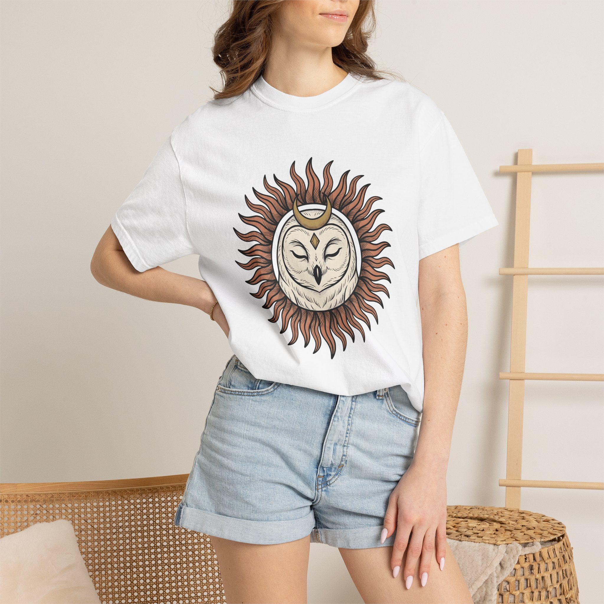 Owl Sun Shirt Boho Chic Magic Gift Women Tribal Tee Hoot T-Shirt Hippie Fan Ethnic Tshirt Mystical Graphic Sketch Crescent Moon Tshirt