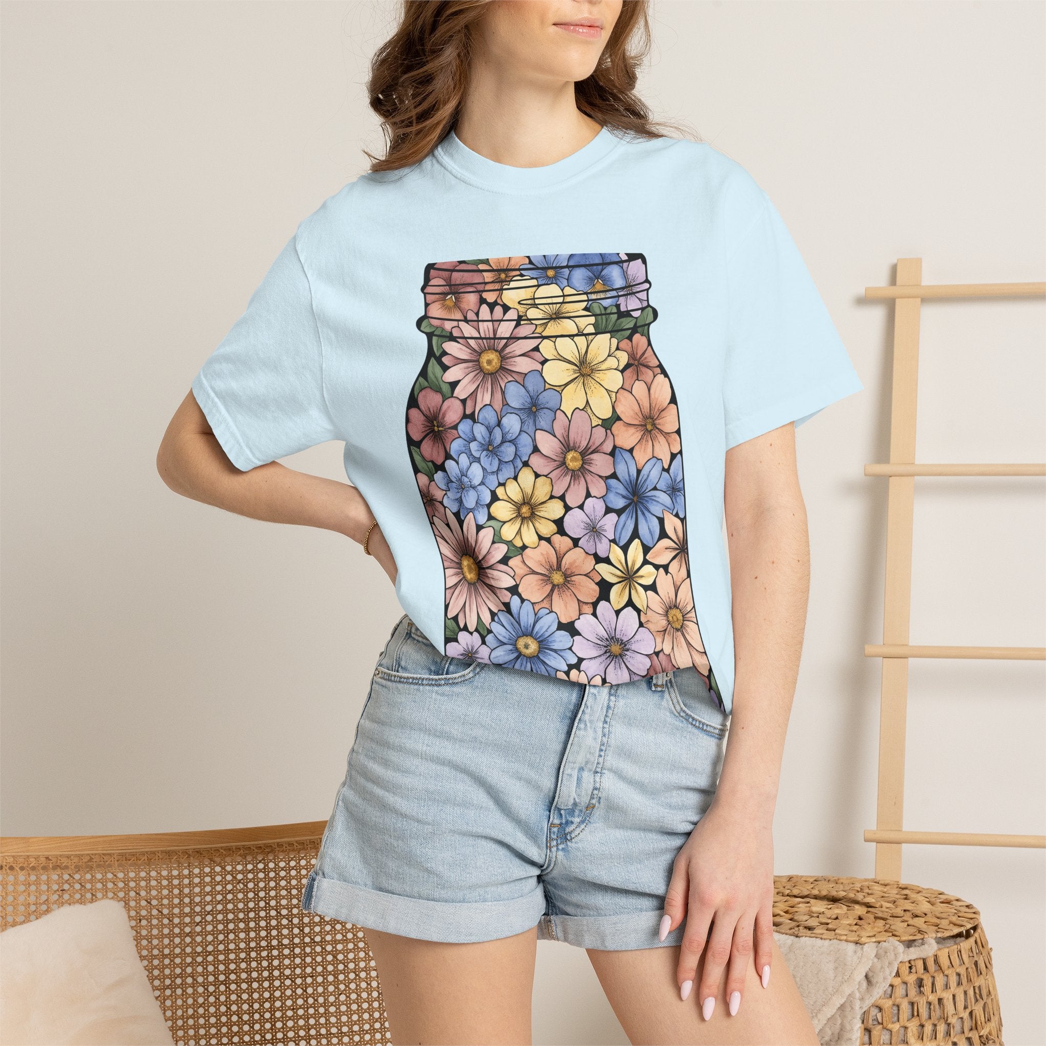Floral Jar Shirt Easter Blossom Gift Women Brush Stroke Tee Mason Jar T-Shirt Spring Fan Watercolor Tshirt Flower Graphic Shabby Chic Daisy