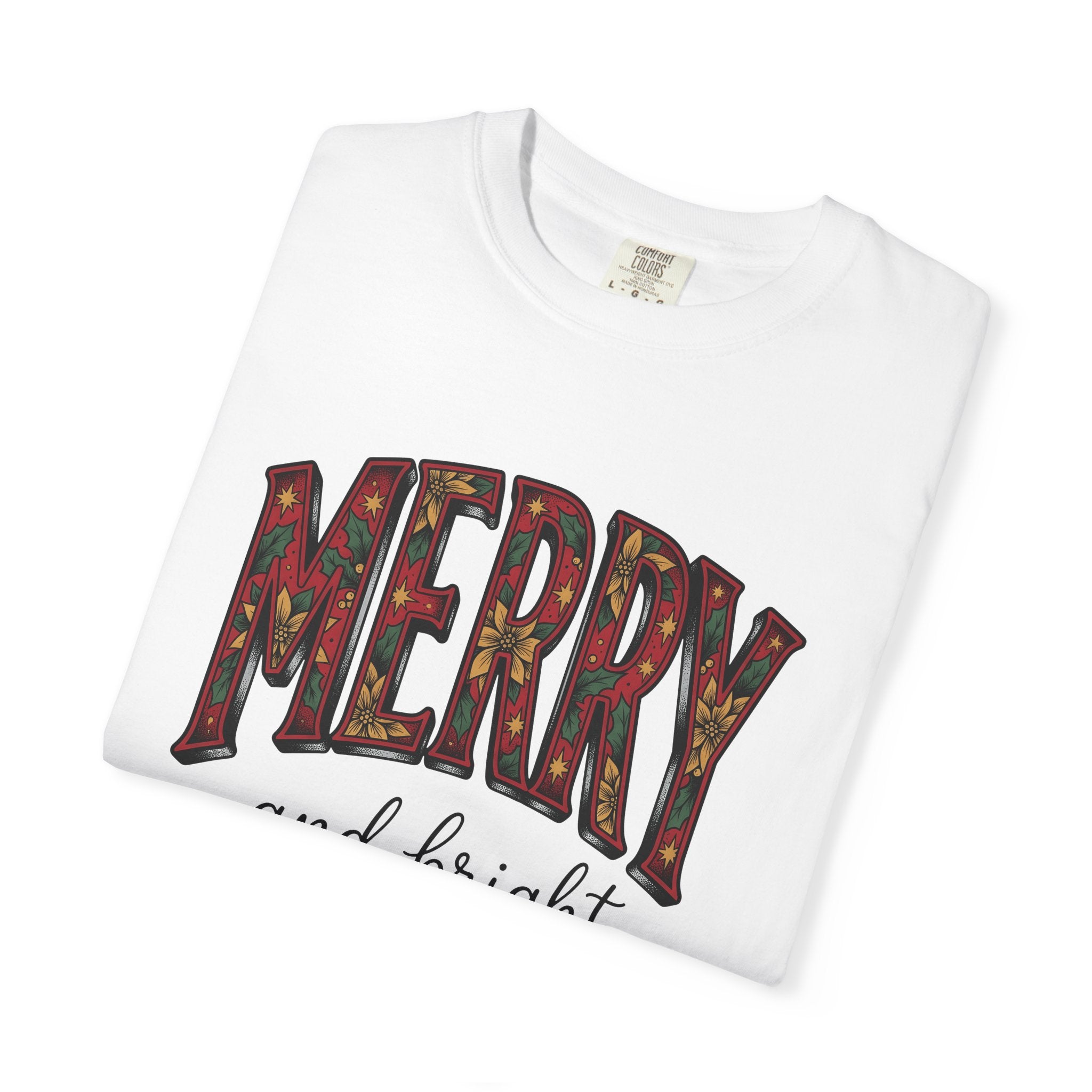 Poinsettia Holly Words Shirt Christmas Festivities Gift Women Merry Tee Christmas Decoration T-Shirt Holiday Fan Christmas Art Tshirt