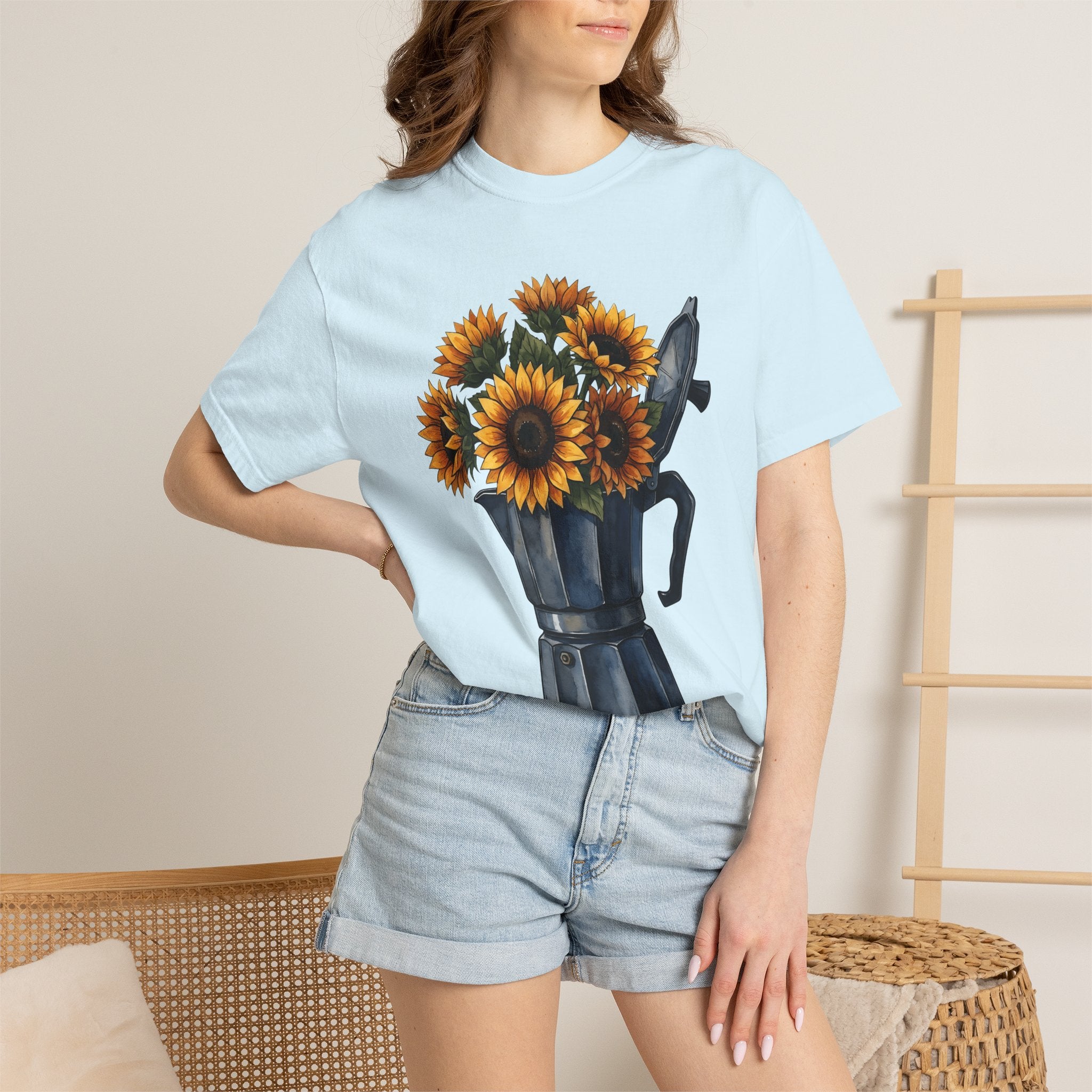 Coffee Pot Sunflowers Shirt Coffee Bouquet Gift Women Brush Stroke Tee Sunflower Pot T-Shirt Coffee Fan Painted Tshirt Floral Graphic