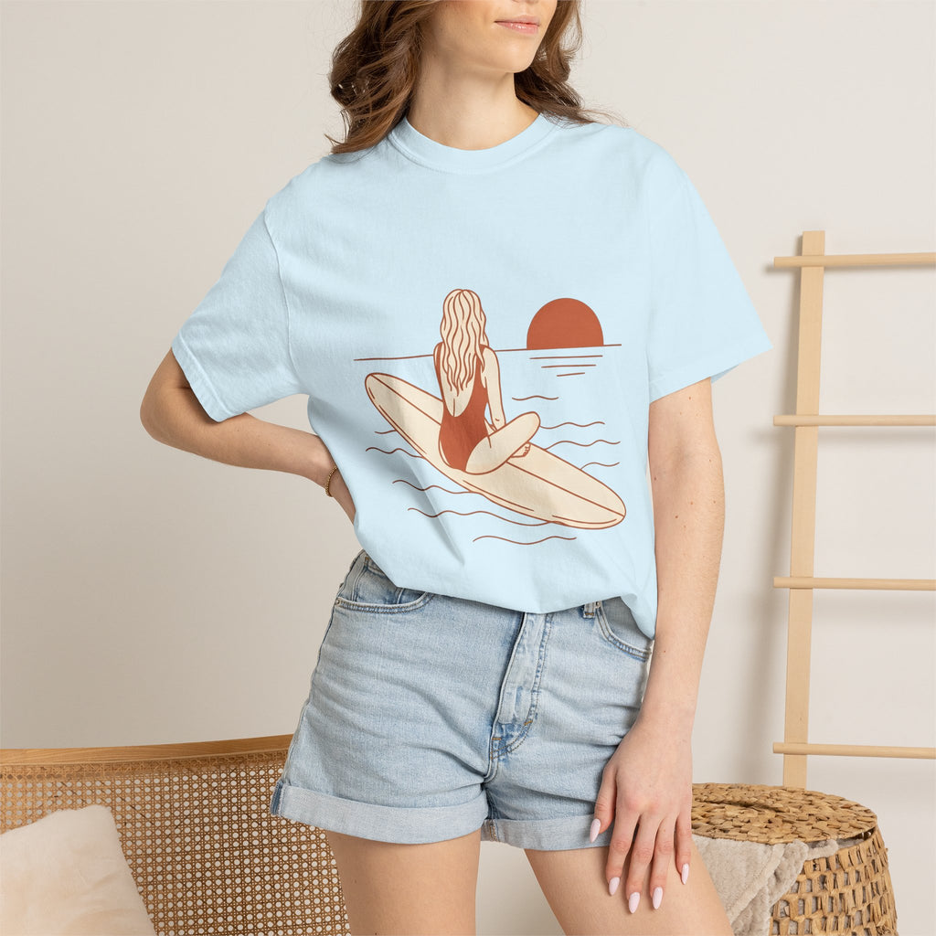 Surfing Woman Shirt Surfing Ocean Gift Women Modern Tee Surfer T-Shirt Surf Enthusiast Contemporary Tshirt Marine Graphic Classic Evening