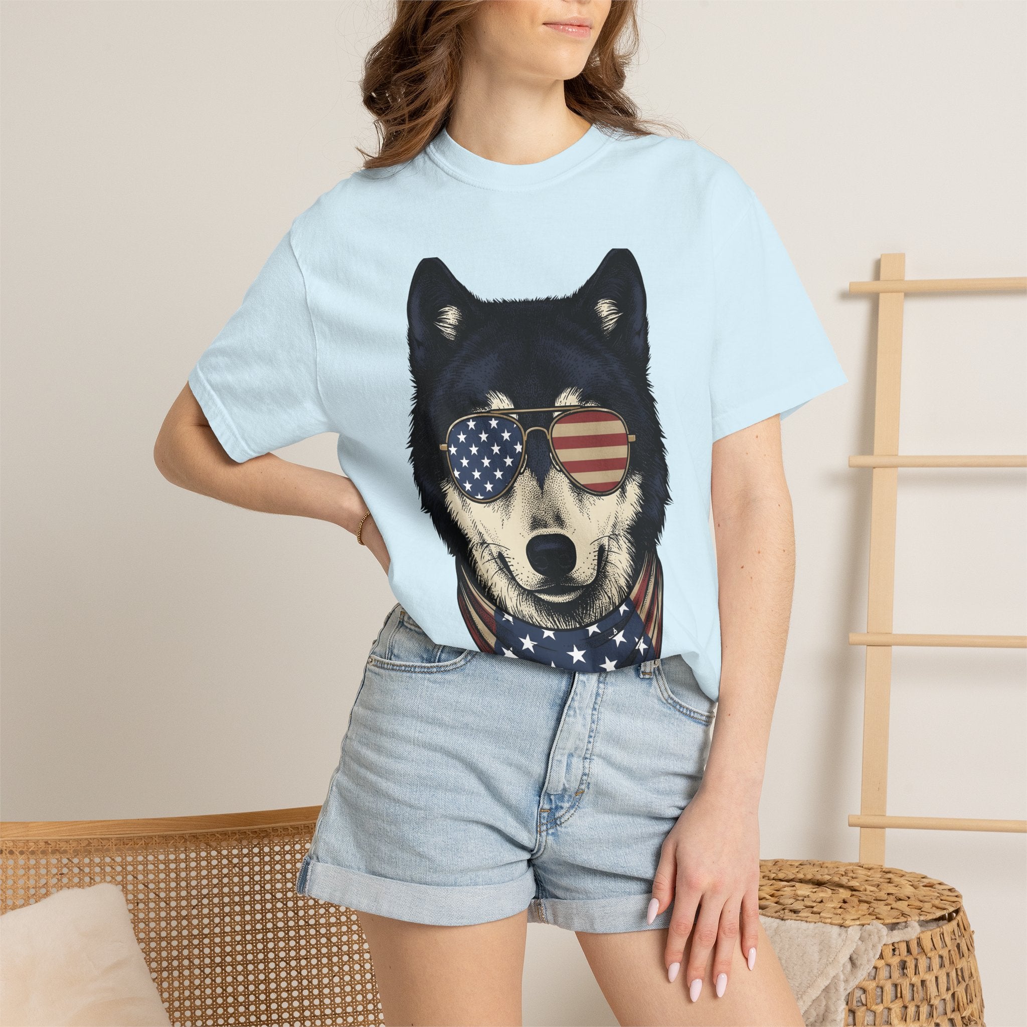 Wolf Shades Shirt 4th Of July Pet Gift Women Retro Tee Cool Shades T-Shirt Patriotic Fan Vintage Tshirt Animal Graphic Sketch Head Scarf