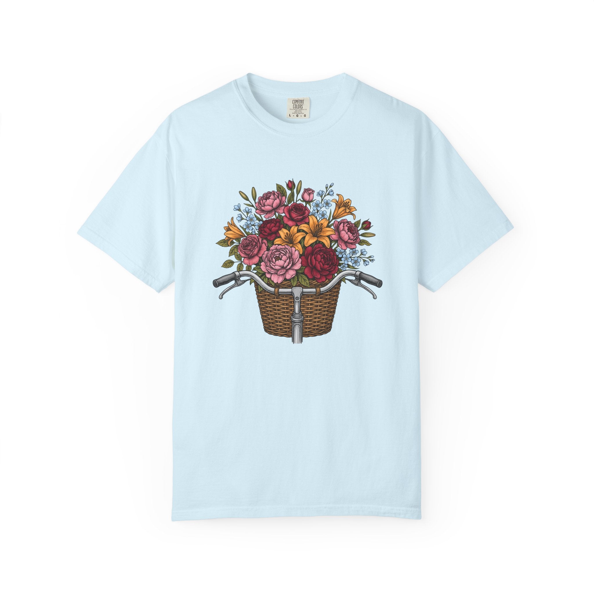 Cycle Basket Flowers Shirt Easter Petals Gift Women Floral Drawing Tee Bicycle Basket T-Shirt Spring Fan Floral Art Tshirt Floral Design