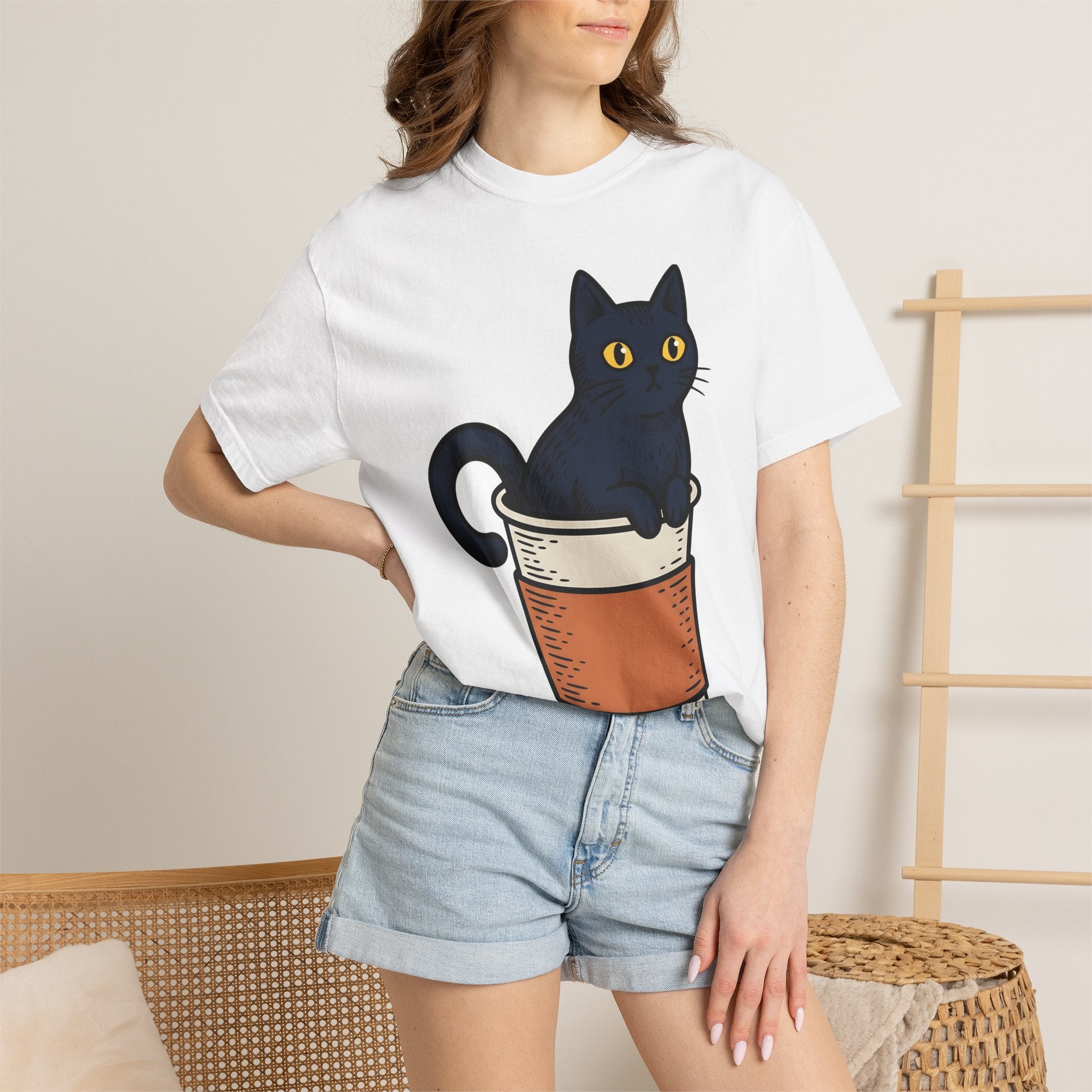 Black Cat Coffee Mug Shirt Halloween Espresso Gift Women Comic Tee Cat Mug T-Shirt Horror Fan Cartoon Tshirt Coffee Illustration Vintage