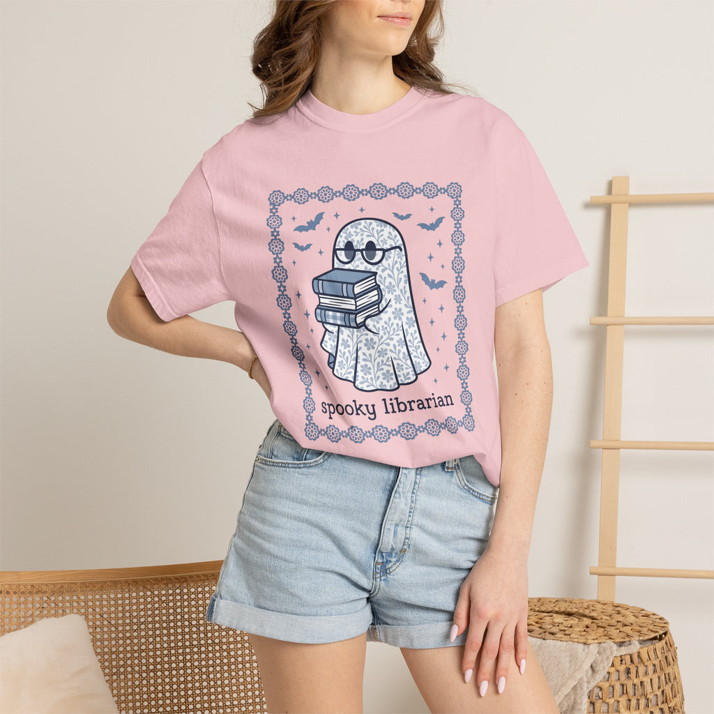 Ghost Books Shirt Librarian Halloween Gift Women Floral Graphic Tee Book T-Shirt Library Enthusiast Illustrated Graphic Spooky Illustration