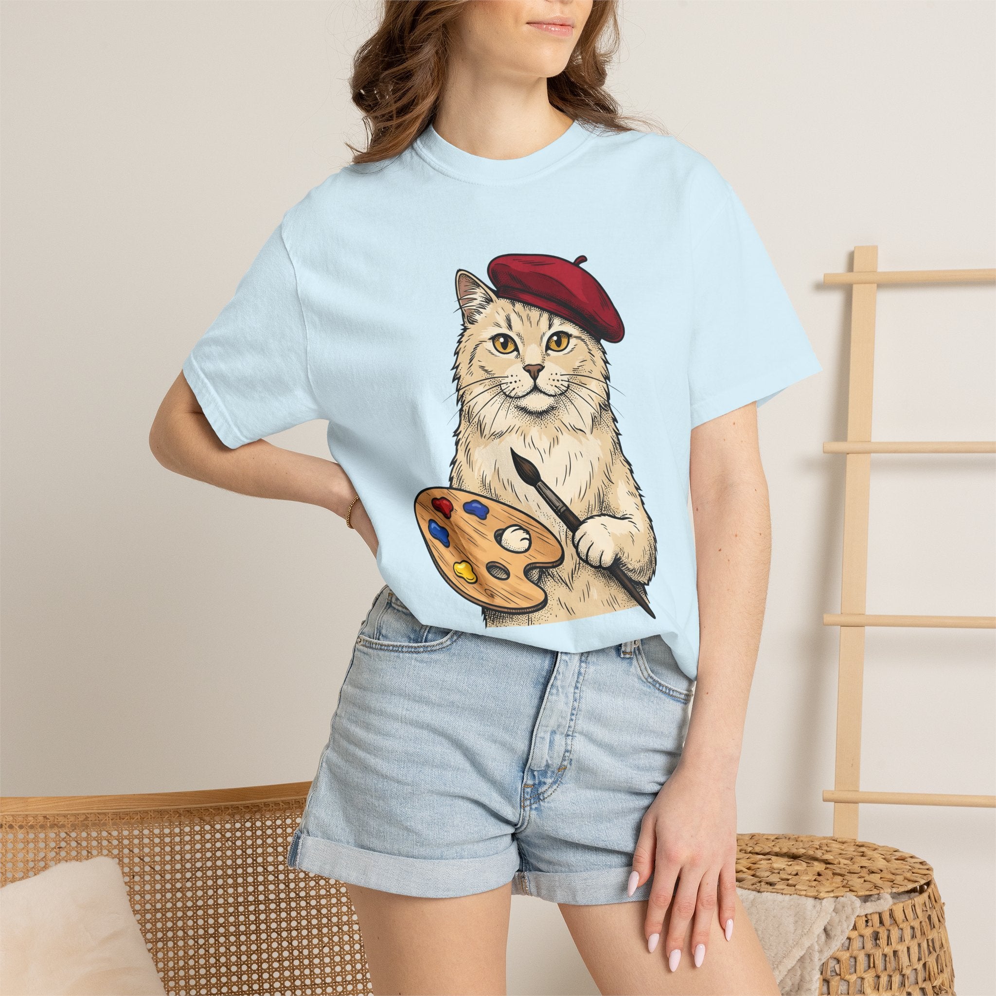 Art Cat Shirt Cat Drawing Gift Women Cartoon Tee Kitty T-Shirt Feline Fan Comic Tshirt Sketch Graphic Traditional Paint Tray Tshirt