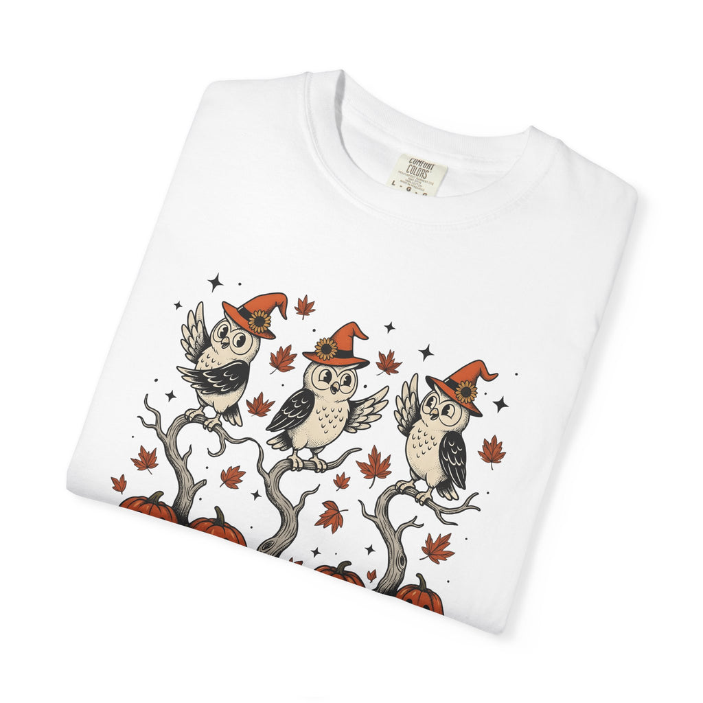 Owl Sorcerer Hat Shirt Halloween Foliage Gift Women Old School Tee Witch Hat T-Shirt Spooky Fan Vintage Tshirt Greenery Graphic Line Art