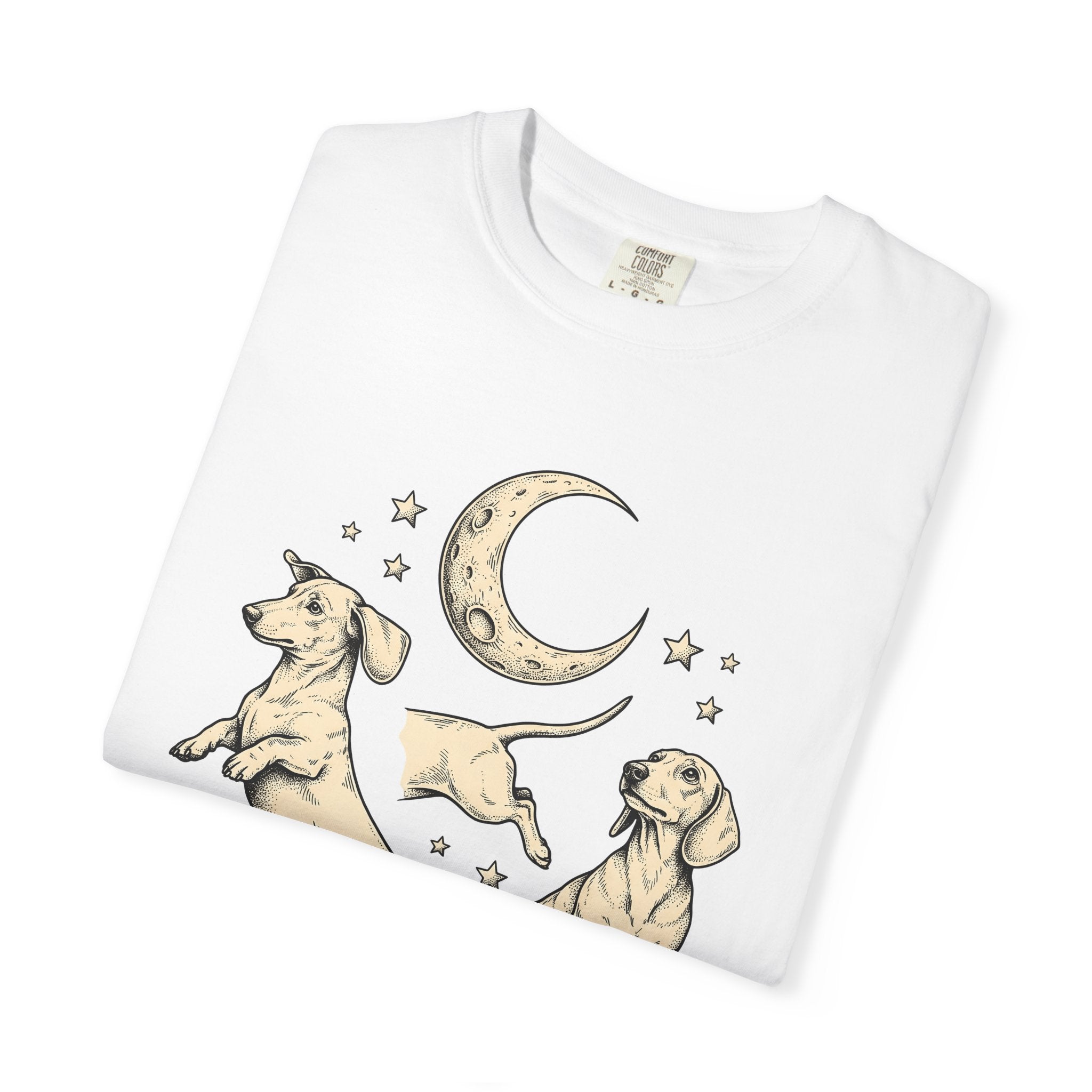 Dachshund Pups Shirt Dog Astrology Gift Women Sketch Tee Wiener Dog T-Shirt Dog Fan Doodle Graphic Tshirt Retro Crescent Moon Tshirt