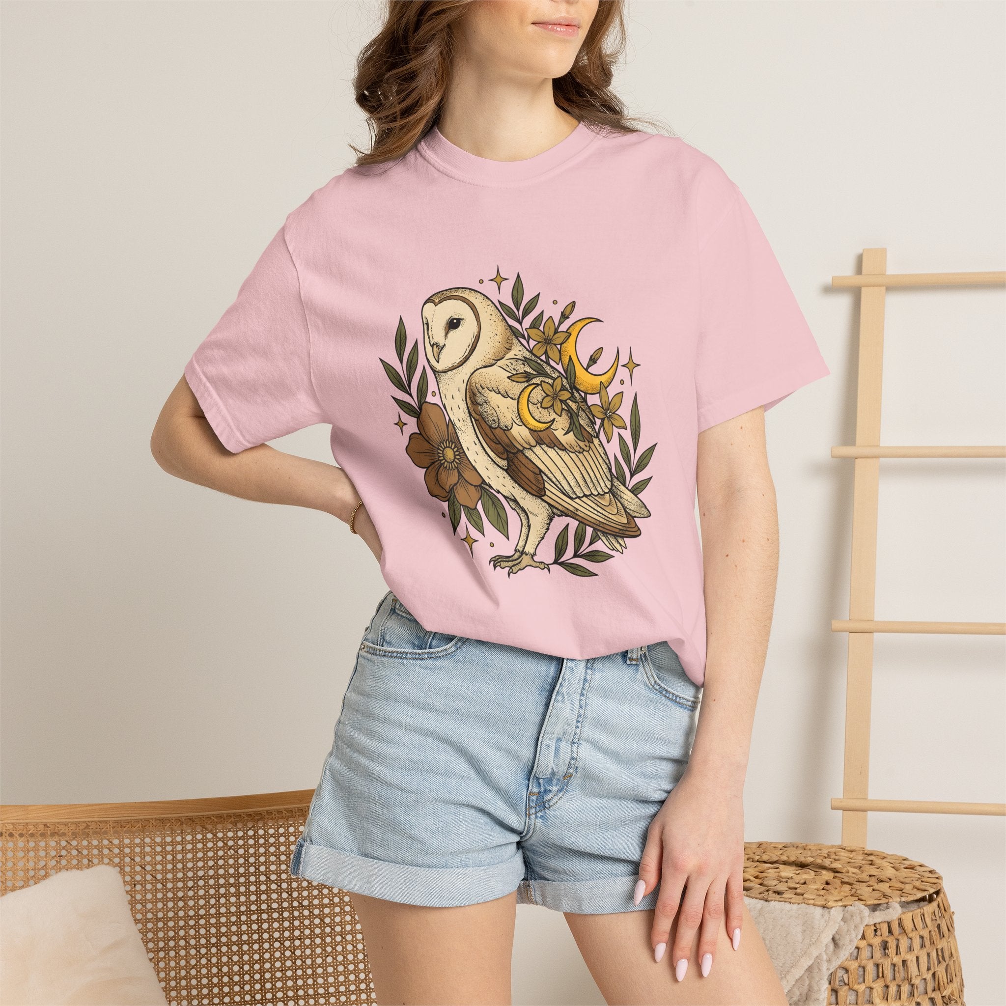 Barn Owl Shirt Animals & Flowers Hippie Gift Women Line Art Tee Owl T-Shirt Animal Fan Owl Tshirt Bohemian Graphic Hand Drawn Moon Tshirt
