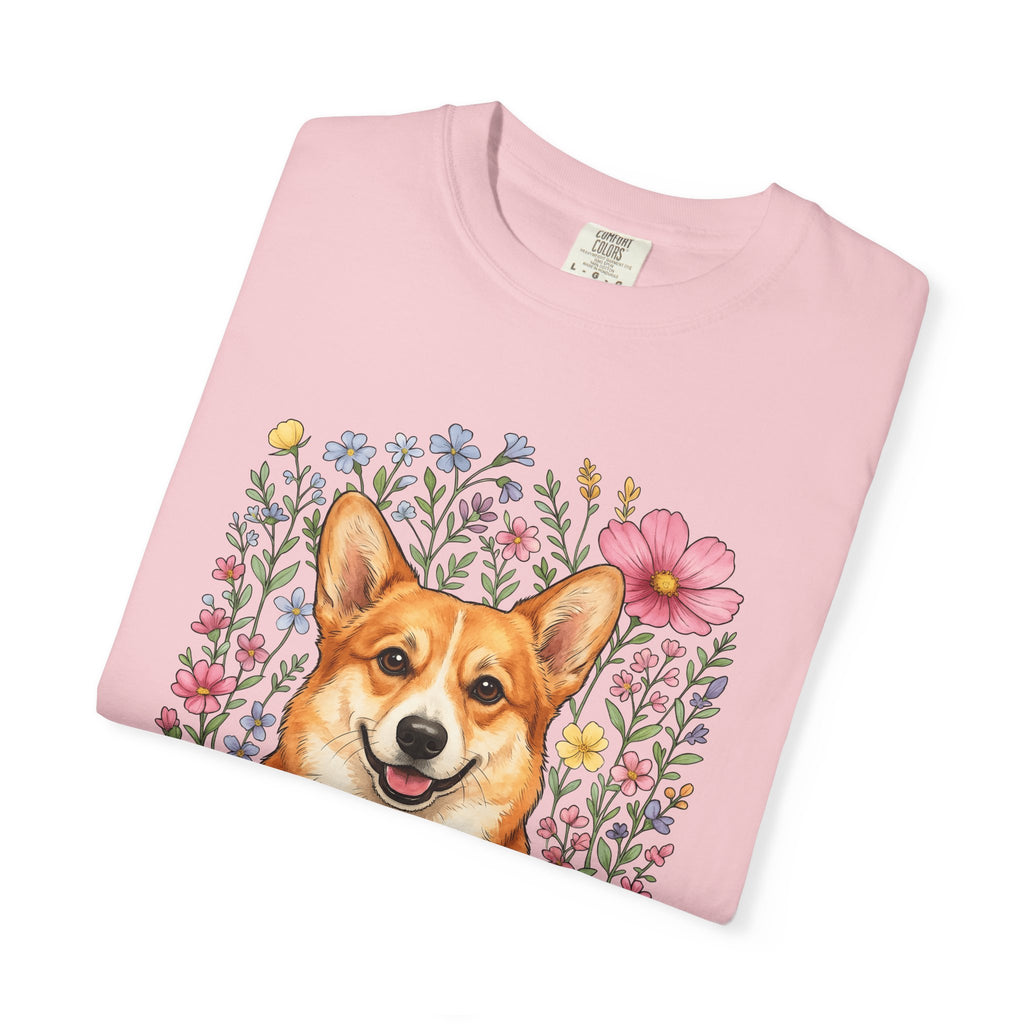 Corgi Pet Shirt Dog Blossoms Gift Women Line Art Tee Puppy T-Shirt Dog Fan Canine Tshirt Floral Graphic Pastel Garden Blooms Tshirt