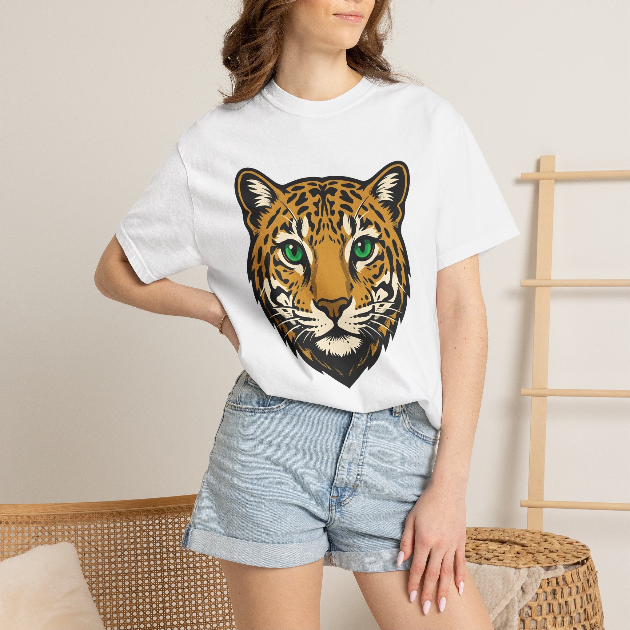 Leopard Face Shirt Cat Wildlife Gift Women Graphic Tee Leopard T-Shirt Cat Fan Abstract Tshirt Wildlife Illustration Graphic Bold Green Eyes
