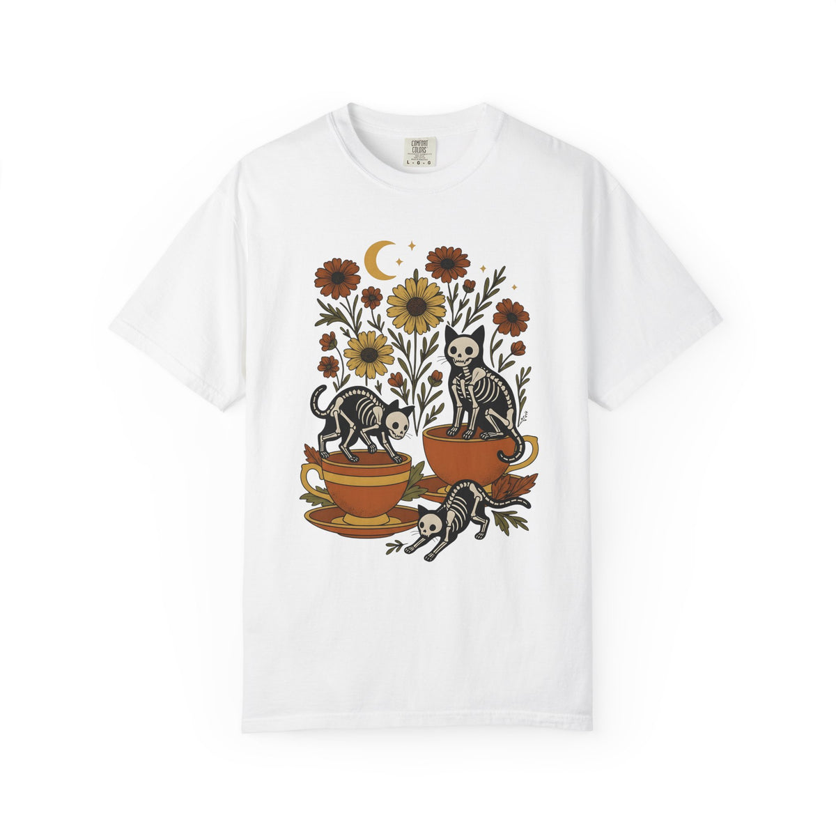 Skeleton Cat Shirt Halloween Goth Gift Women Boho Tee Cat Skeleton T-Shirt Horror Fan Dark Tshirt Gothic Graphic Vintage Floral Tshirt