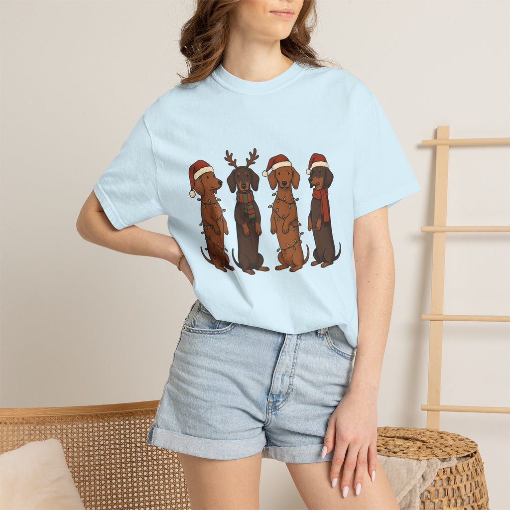 Dachshund Pups Shirt Christmas Animal Gift Women Anime Tee Wiener Dog T-Shirt Xmas Fan Cartoon Tshirt Creature Graphic Doodle Festive Hats