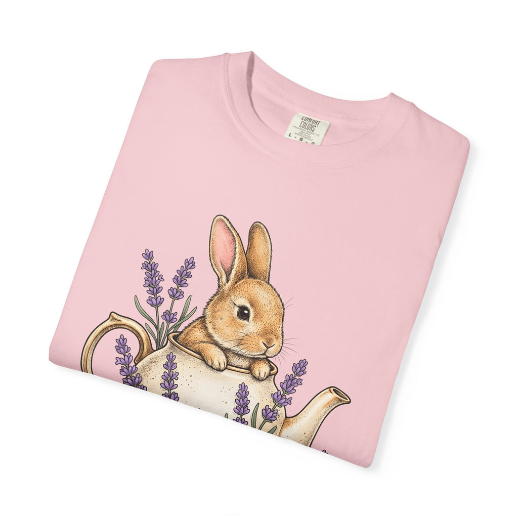 Bunny Kettle Shirt Animals & Flowers Rustic Gift Women Flower Tee Tea Kettle T-Shirt Floral Fan Botanical Tshirt Country Graphic Hand Drawn
