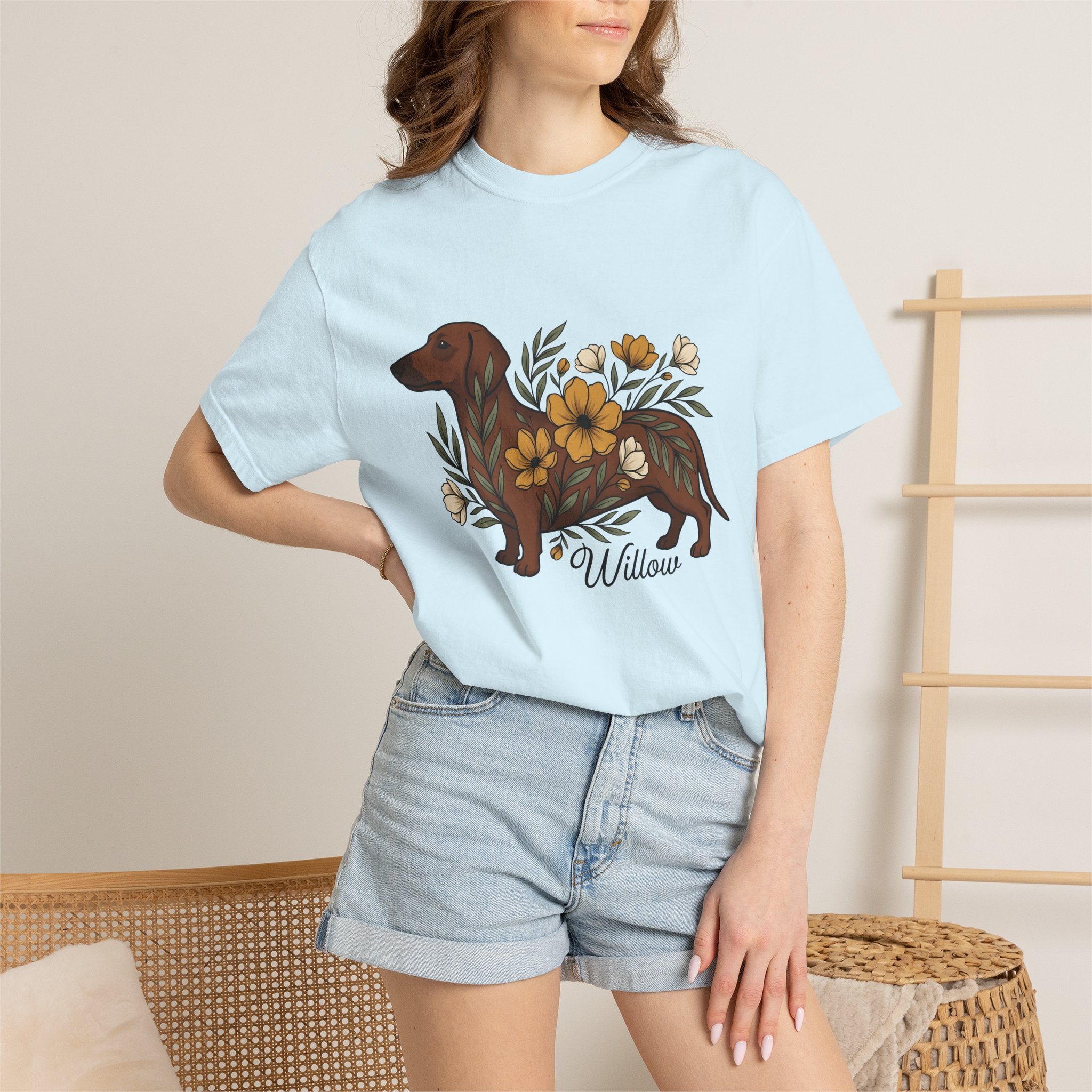 Dachshund Hound Shirt Dog Bouquet Gift Women Vintage Tee Wiener Dog T-Shirt Dog Fan Doxie Tshirt Floral Graphic Cartoon Blossom Tshirt