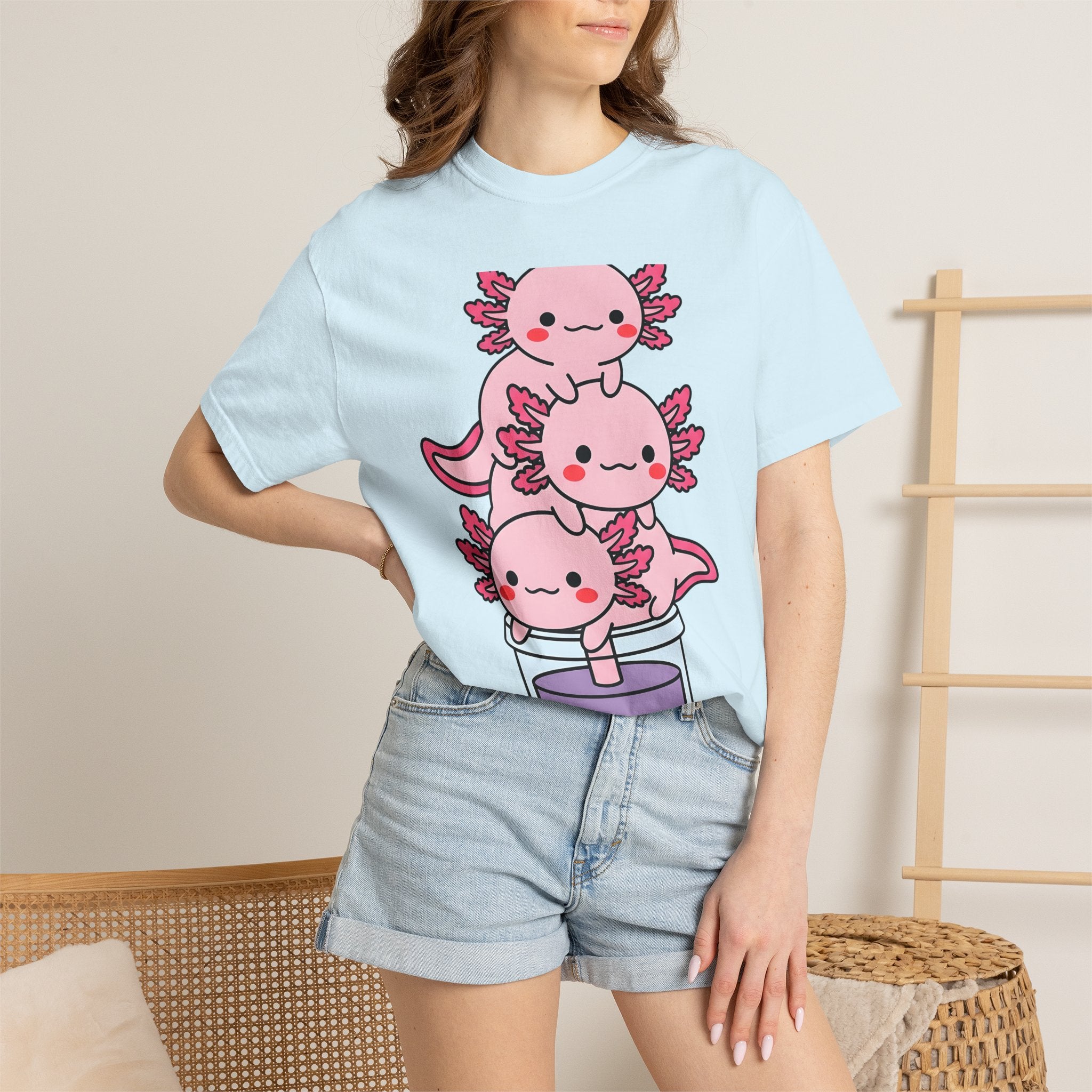 Axolotl Tea Shirt Drinks Pets Gift Women Cute Tee Mexican Salamander T-Shirt Beverage Fan Animal Graphic Illustration Comic Boba Drink