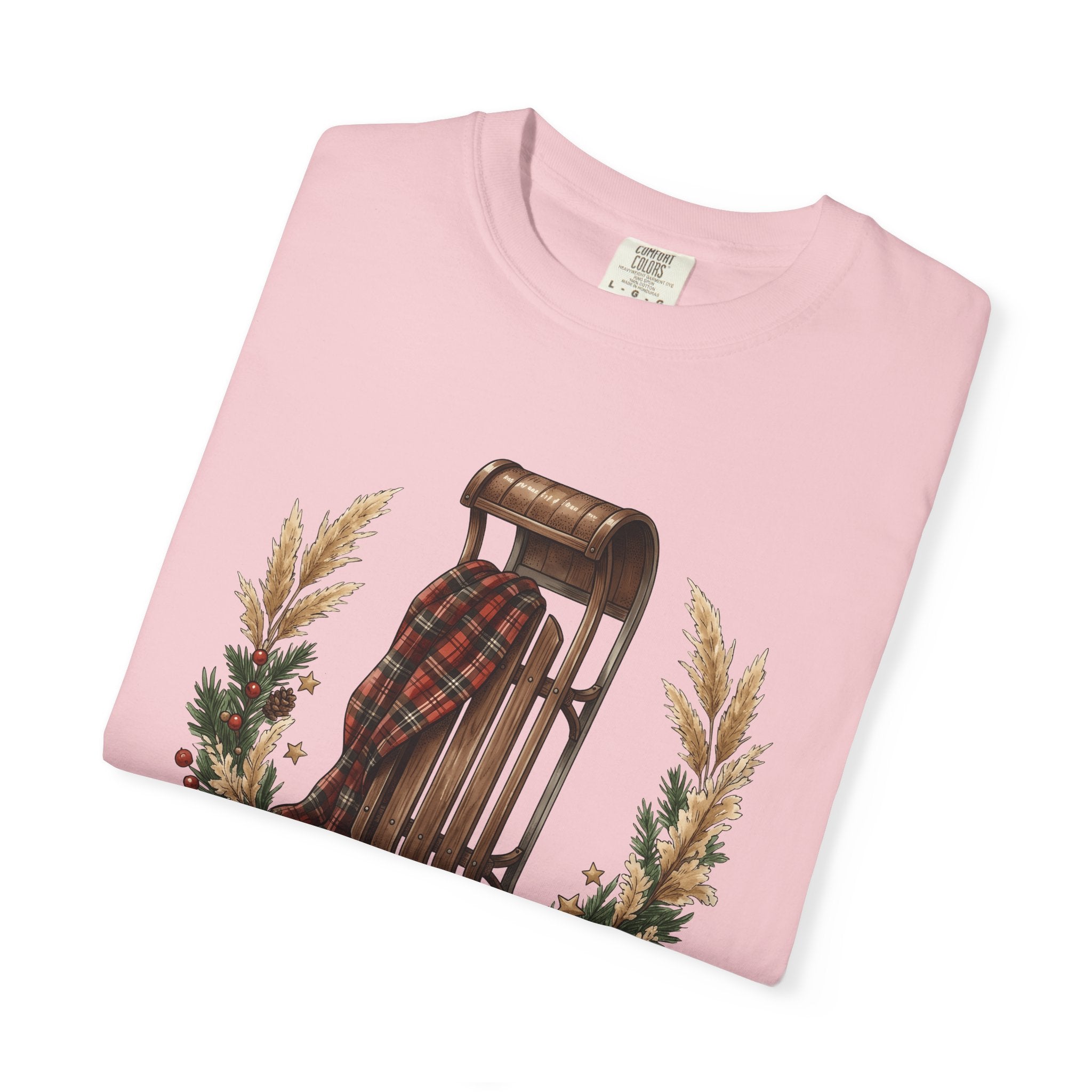 Vintage Sled Shirt Christmas Winter Gift Women Cozy Tee Toboggan T-Shirt Xmas Fan Holiday Tshirt Frosty Graphic Hand Drawn Pine Wreath